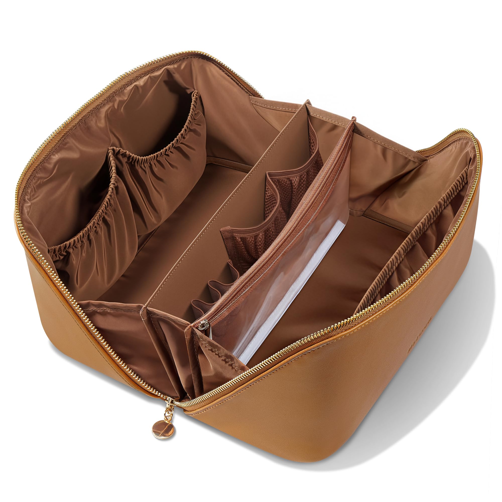 MSTONAL Travel Makeup Bag, Large Capacity Cosmetic Bags for Women, Waterproof Portable Pouch Open Flat Make up Organizer Bag with Dividers and Handle,