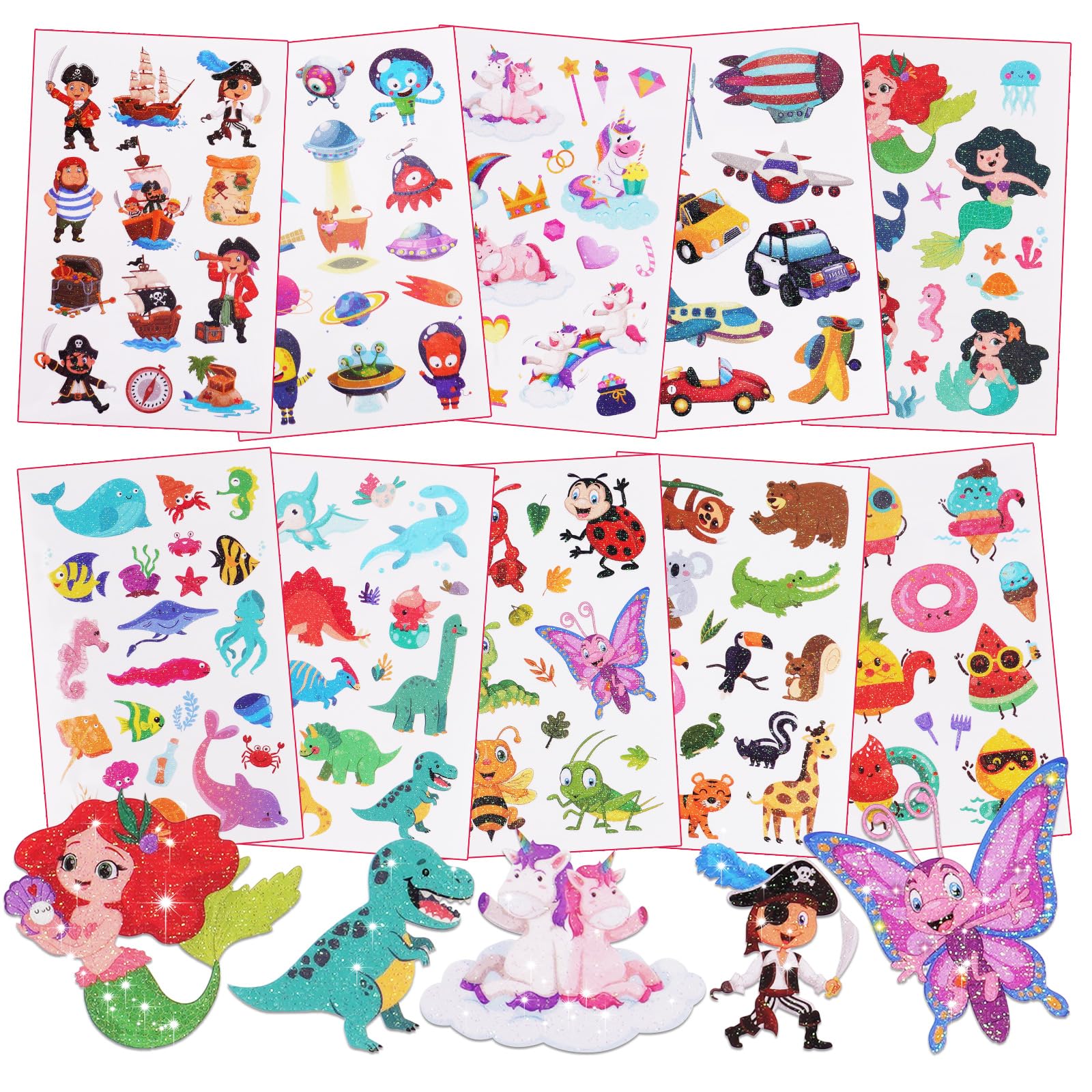 ACWOO Tatuaggi Temporanei per Bambini, Brillante Tatuaggi Finti per Ragazze Ragazzi, 10 Fogli Unicorno + Animale + Dinosauro Tatuaggi Temporanei Set, Giocattoli Gadget per Ragazza Bambini Adulti Festa