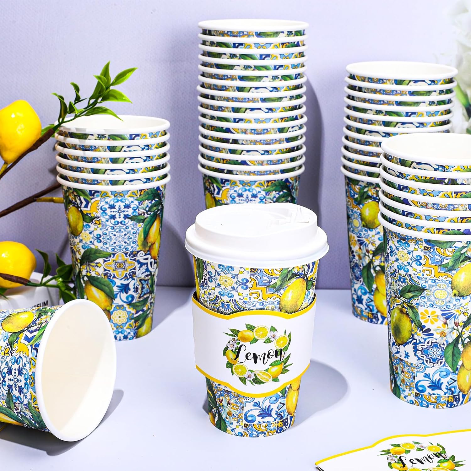 Whaline 50 Set Summer Lemon Disposable Coffee Cups with Lids 16oz Blue White Tiles Yellow Lemon Paper Drinking Cups Sleeves To Go Hot Coffee Cup for Flower Tea Birthday Wedding Baby Shower Party - Image 3