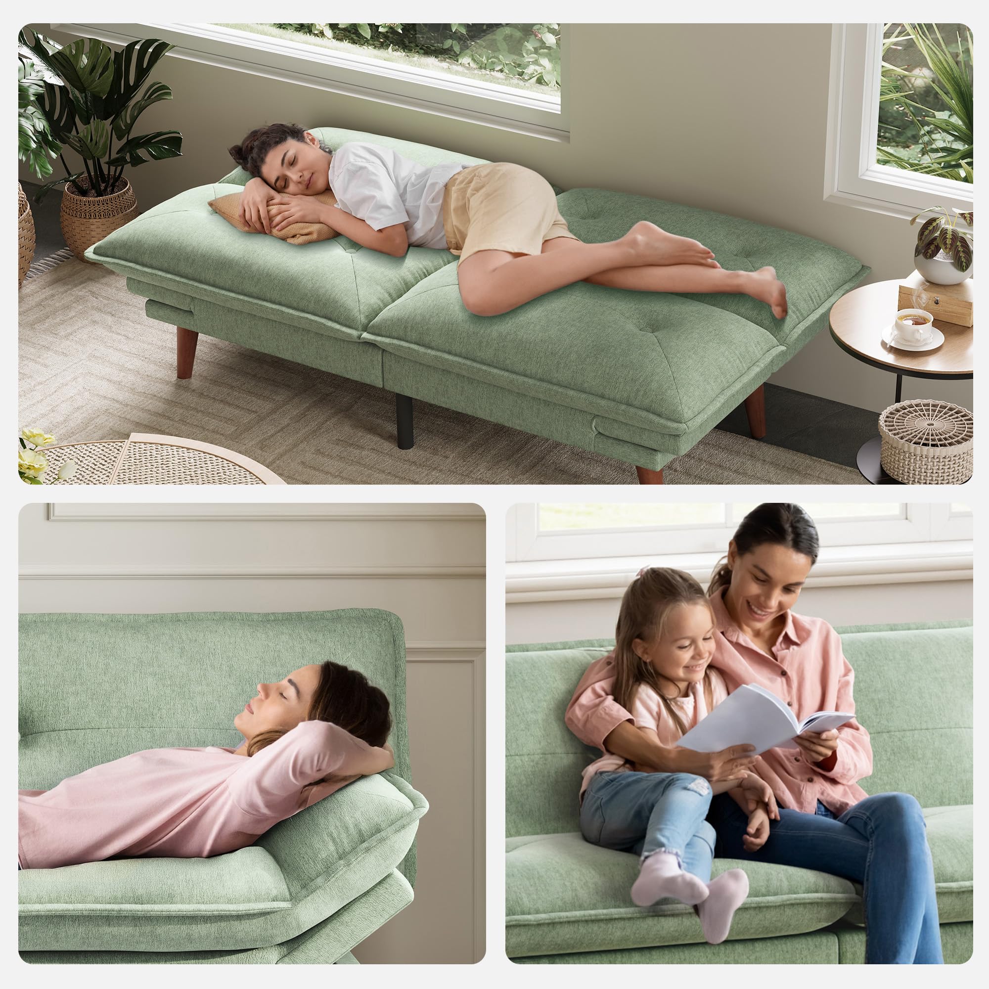 LINSY HOME Futon Sofa Bed, 70" Chenille Futon Couch with Adjustable Backrest Armrest, 3 in 1 Convertible Comfy Loveseat Sleeper Sofa Bed for Small Spaces Dorm Room Apartment Home Office, Light Green