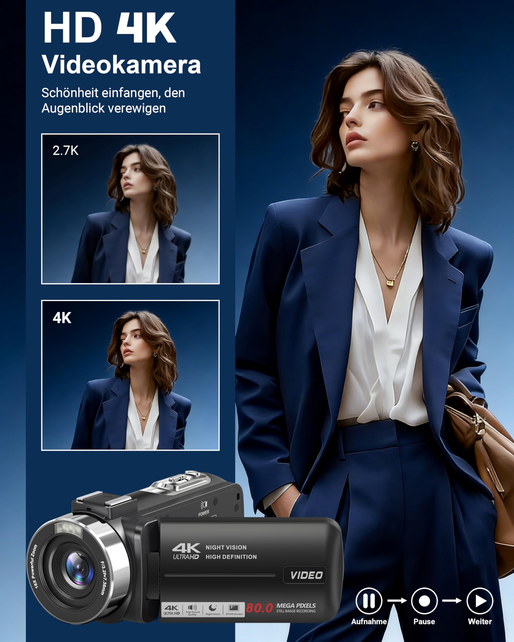 4K 80MP Camcorder mit IR Nachtsicht, 18X Digitalzoom, 3,0-Zoll IPS Screen, Vlogging Camera für YouTube mit 2 Akkus, 32GB-SD-Karte