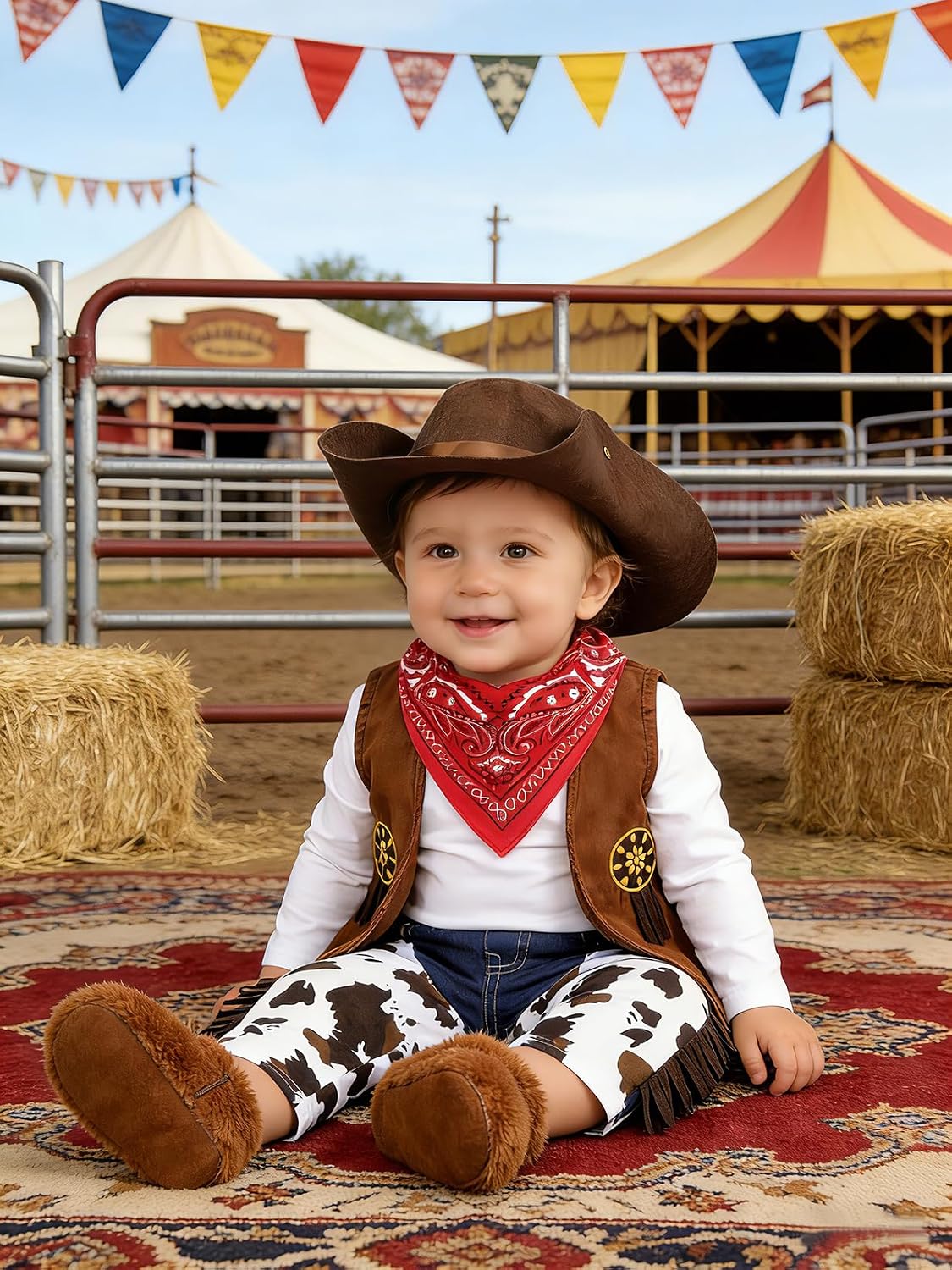 COSLAND 4pc Toddler Boys' Cowboy Outfit, Kids Halloween Costume Hat & Vest & Scarf & Pants, 12Months-4T
