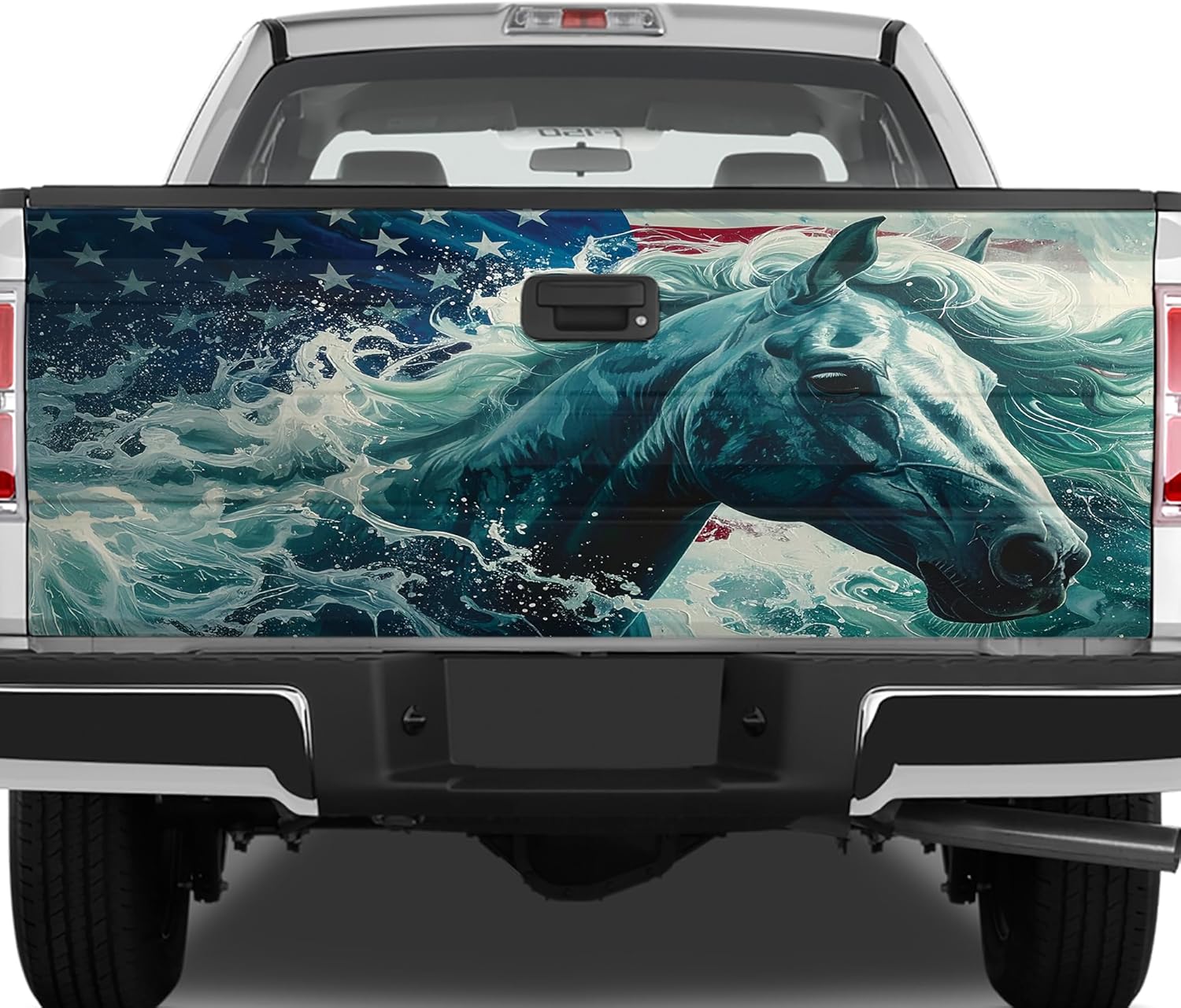 ThangPham Shop Horse and USA Flag Tailgate Wrap – Patriotic Truck Graphic for America Lovers
