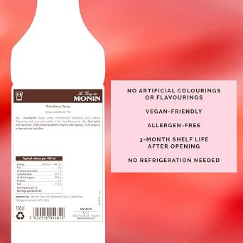 MONIN Premium Strawberry Syrup 1L, for Cocktails & Mocktails, Vegan | Vegan-friendly, latte creation, cocktail mixer, bar and cafe essential, dessert drizzle, hot and cold drinks, made in France