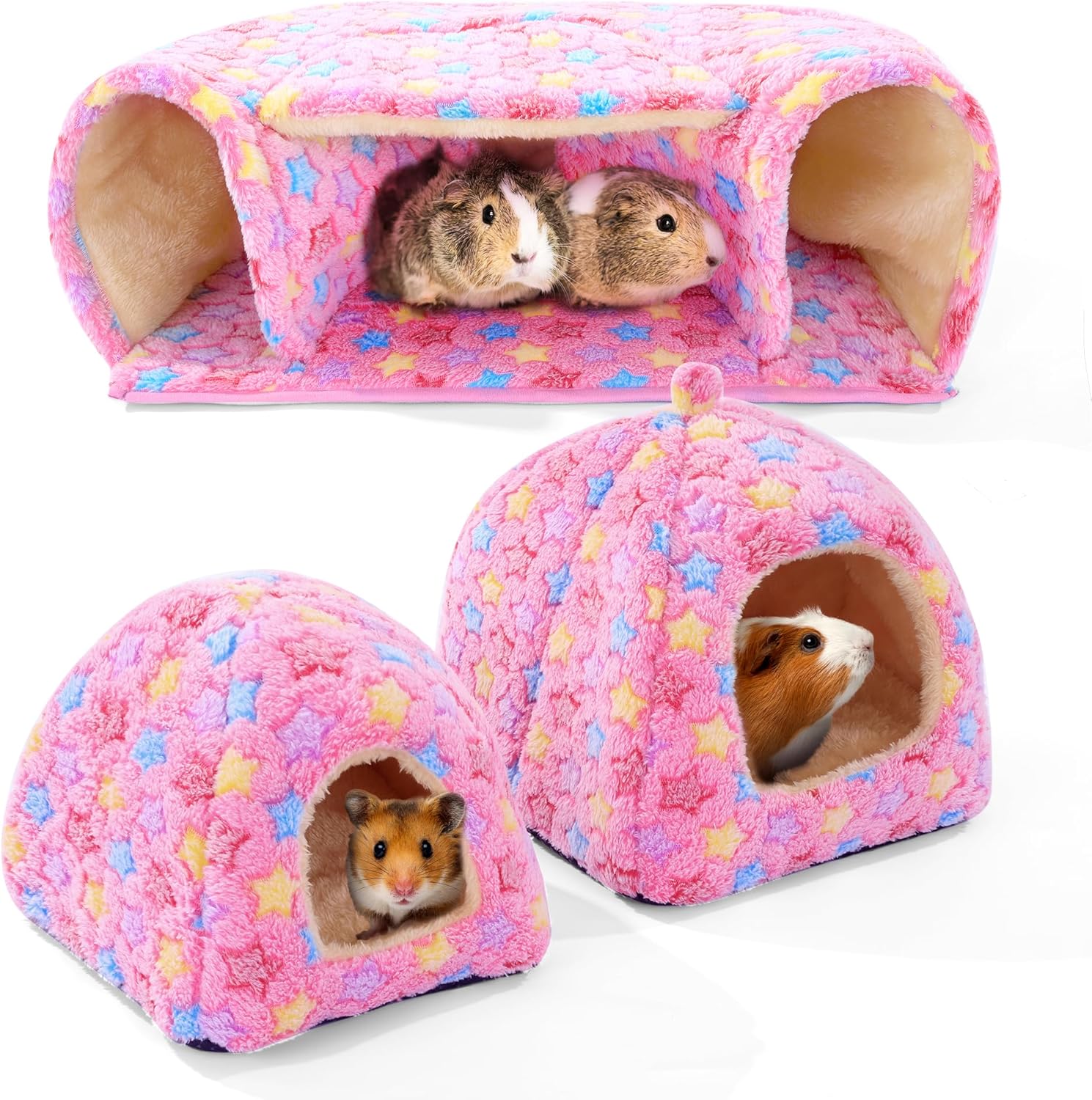 MABOZOO 3 Pack Guinea Pig House Accessories, 2 Cozy Guinea Pig Bed and Hideout Tunnel, Chinchillas Hideout for Hamster, Rabbit, Bunny, Chinchillas (Pink, L)