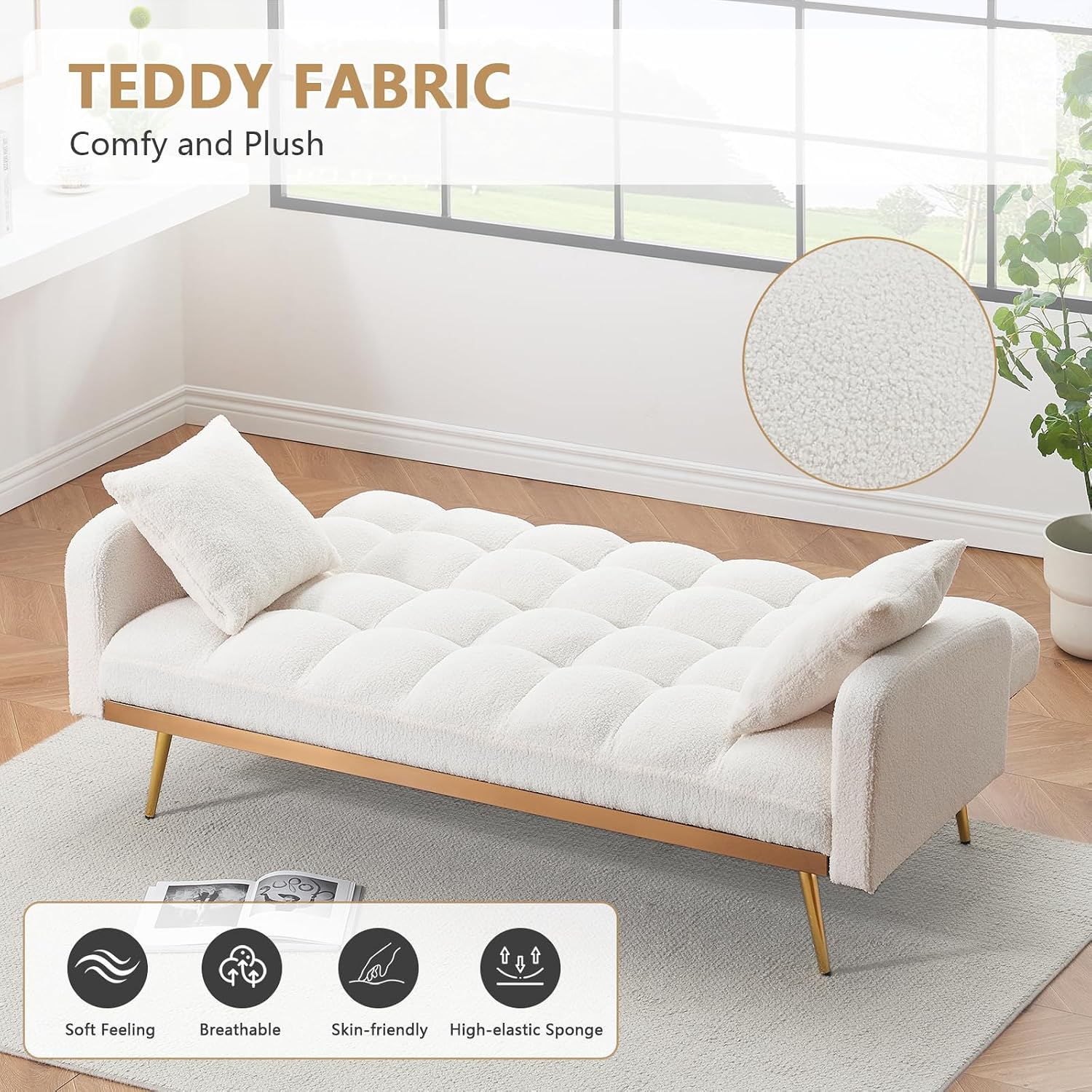 Teddy Futon Sofa Bed,69" Modern Small Love Seat Couch for Small Spaces,Convertible Tufted Sleeper Sofa Loveseat Couch Bed with Gold Metal Legs for Living Room,Bedroom (Teddy Beige)