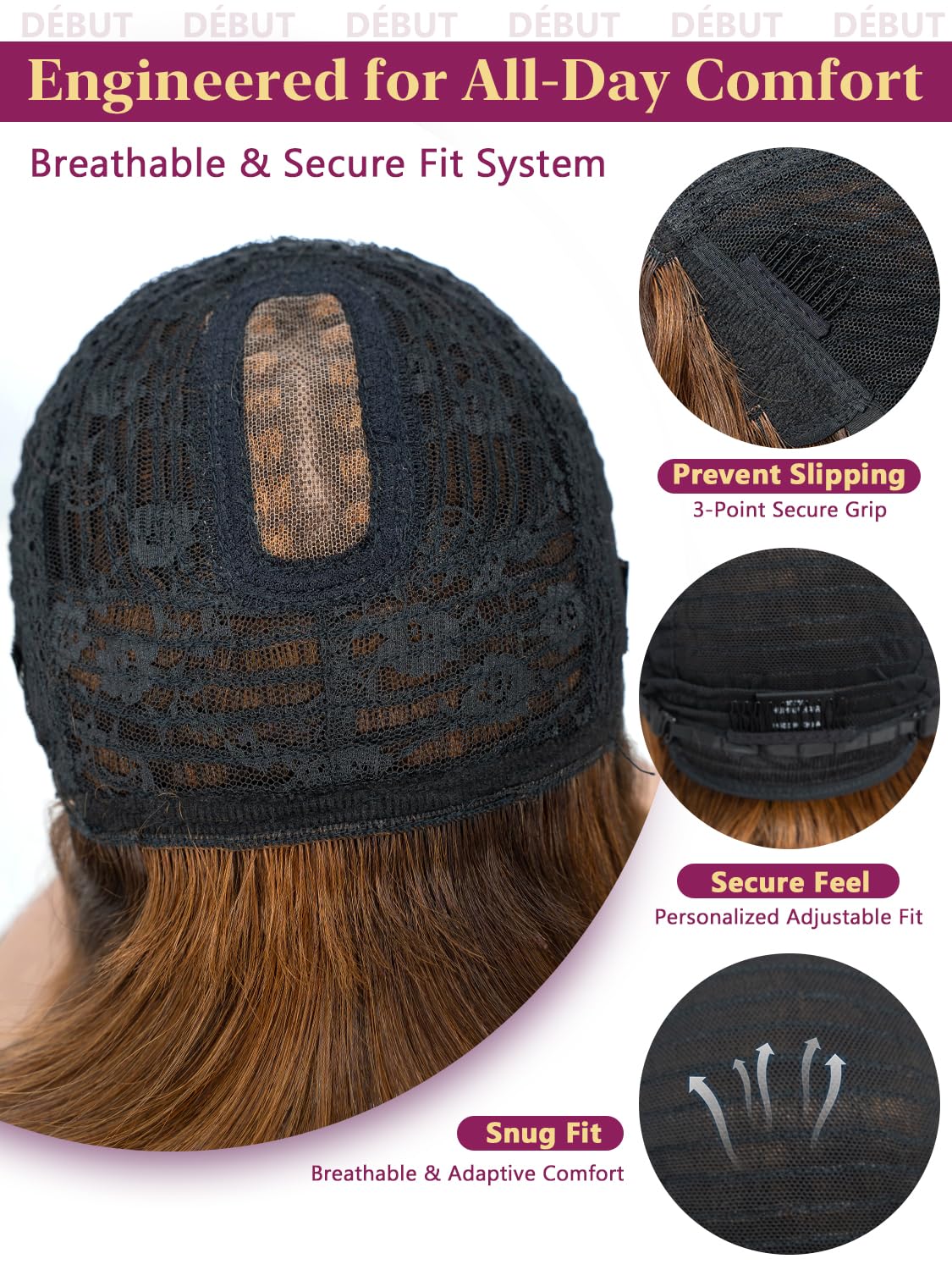 DÉBUT Short Bob Human Hair Wig with Bangs Glueless 2.5x1 Small Lace Top Straight Hair Wig for Black Women Highlight Brown Auburn 10 Inch