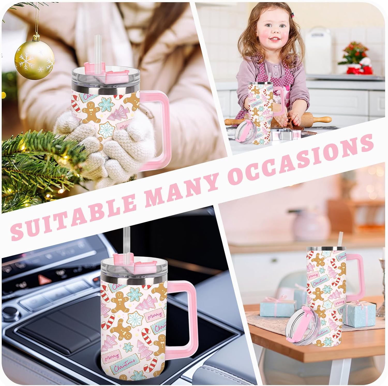 1Pc Christmas Tumbler with Handle Lid Straw 40oz Pink Xmas Tree Gingerbread Man Stainless Steel Travel Tumbler Cup for Winter Holiday Iced Coffee Party Favor - Image 7