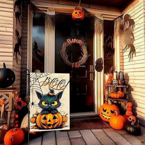 Miniatura 2 de Banderas de jardín de Halloween con diseño de gato negro, bandera de calabaza aterradora, banderas verticales de jardín, telarañas, pancarta de