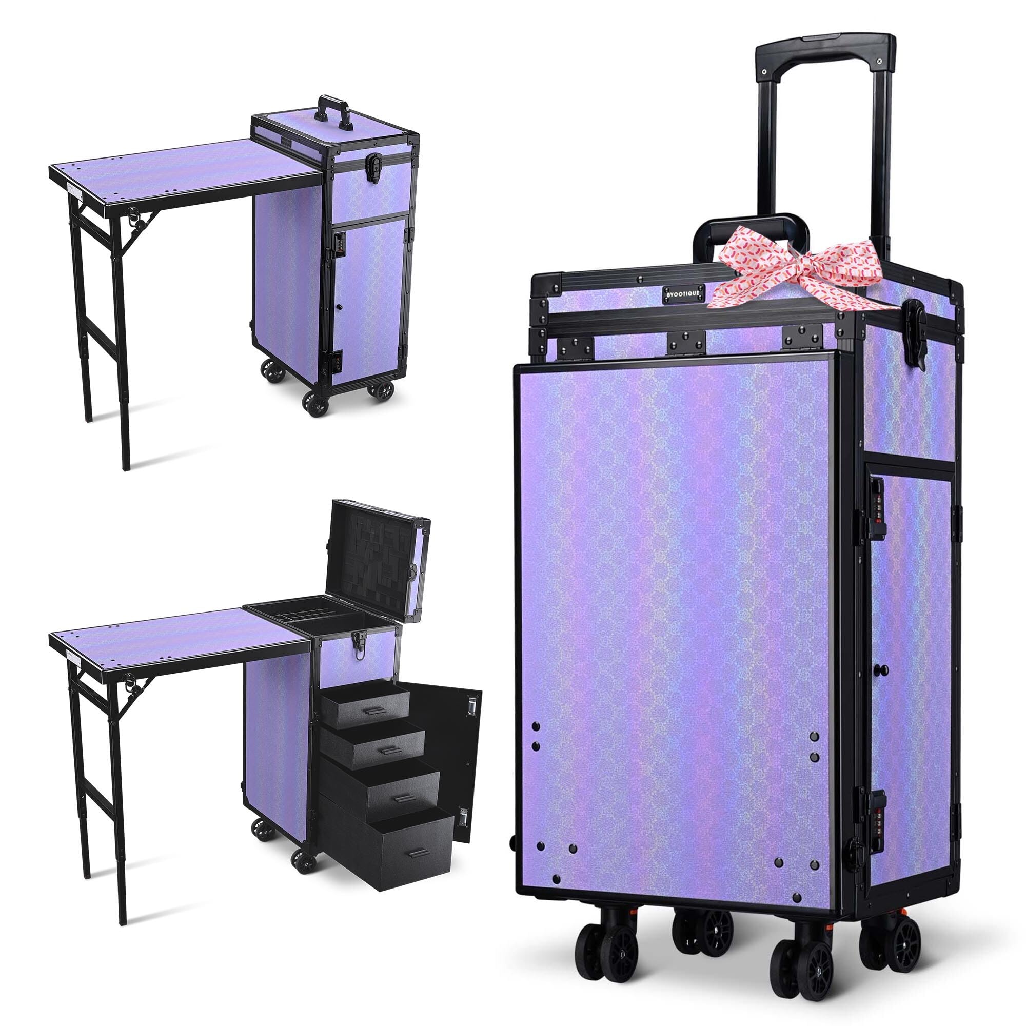 BYOOTIQUE Portable Nail Table with Storage Rolling Makeup Case with Drawers Traveling Manicure Table for Manicurist Nail Teach Makeup Artist