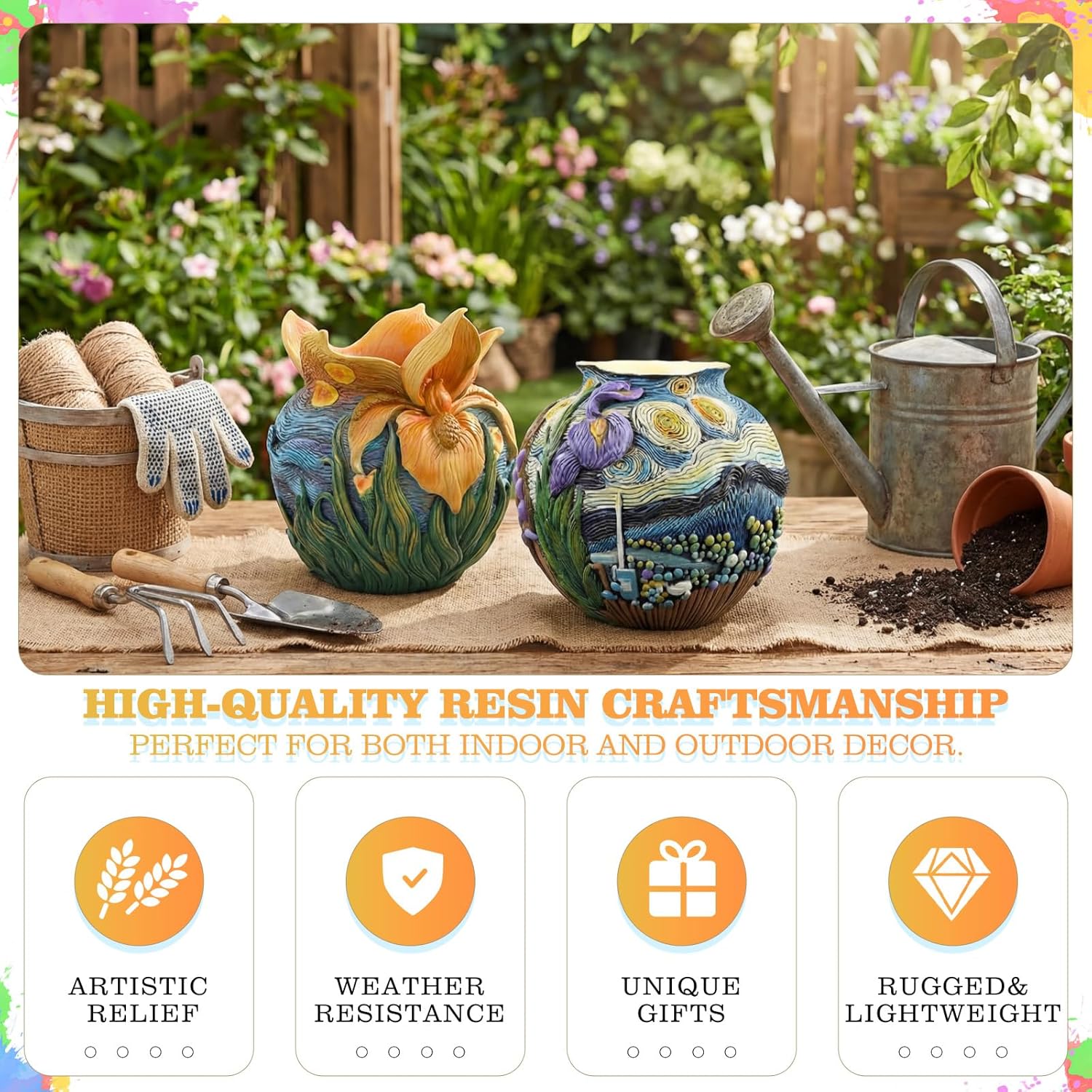 2 Pack Starry Night Planter Flower Plant Pots with Drainage Hole Cute Starry Sky Colorful Plant Pots Resin Decorative Planters for Indoor Outdoor Home Garden Art Floral Theme