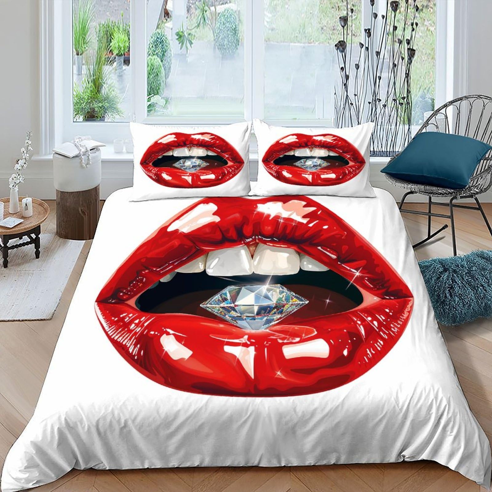 Parure de couette red lip diamond microfibre satinée lit King 220x240cm