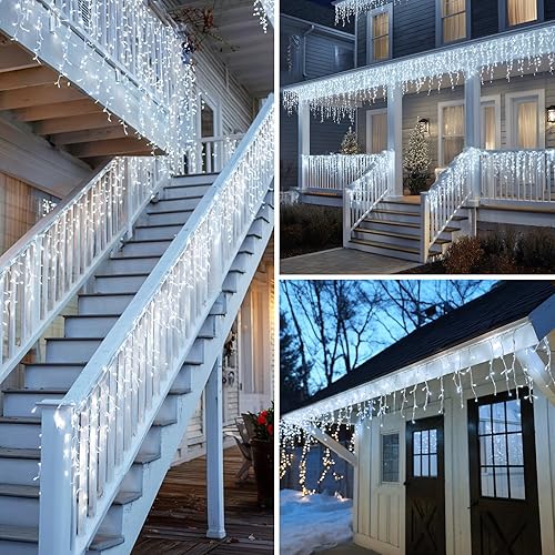 Miniatura 5 de Luces de carámbano alimentadas por energía solar para exteriores, 600 luces LED de 82 pies con control remoto, 8 modos, temporizador, IP65