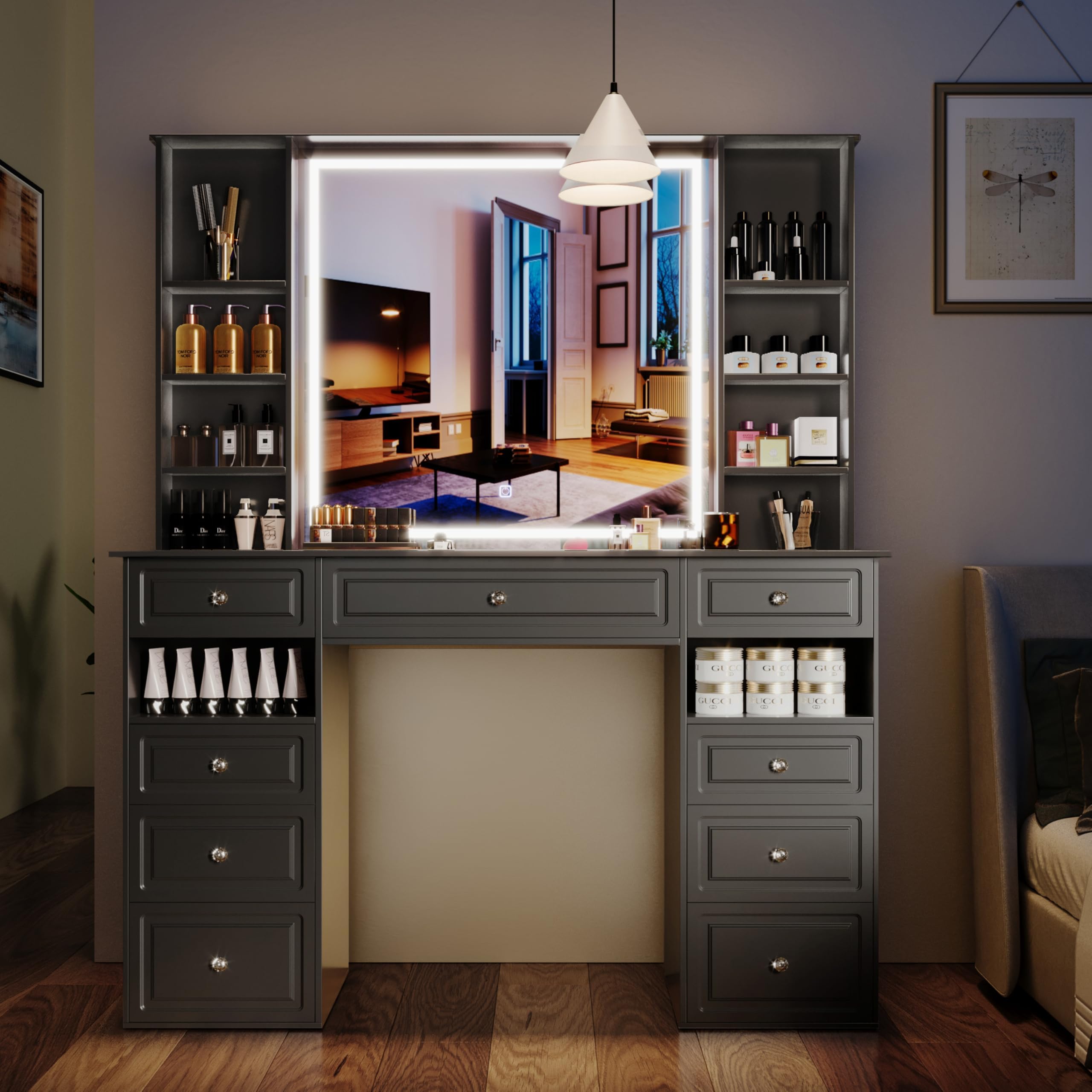Ex Large Black Vanity Desk with Lighted Mirror, Heavy-Duty Makeup Vanity with 9 Drawers, Crystal Ball Knobs, Carving Patterns Vanity Makeup Desk for Bedroom