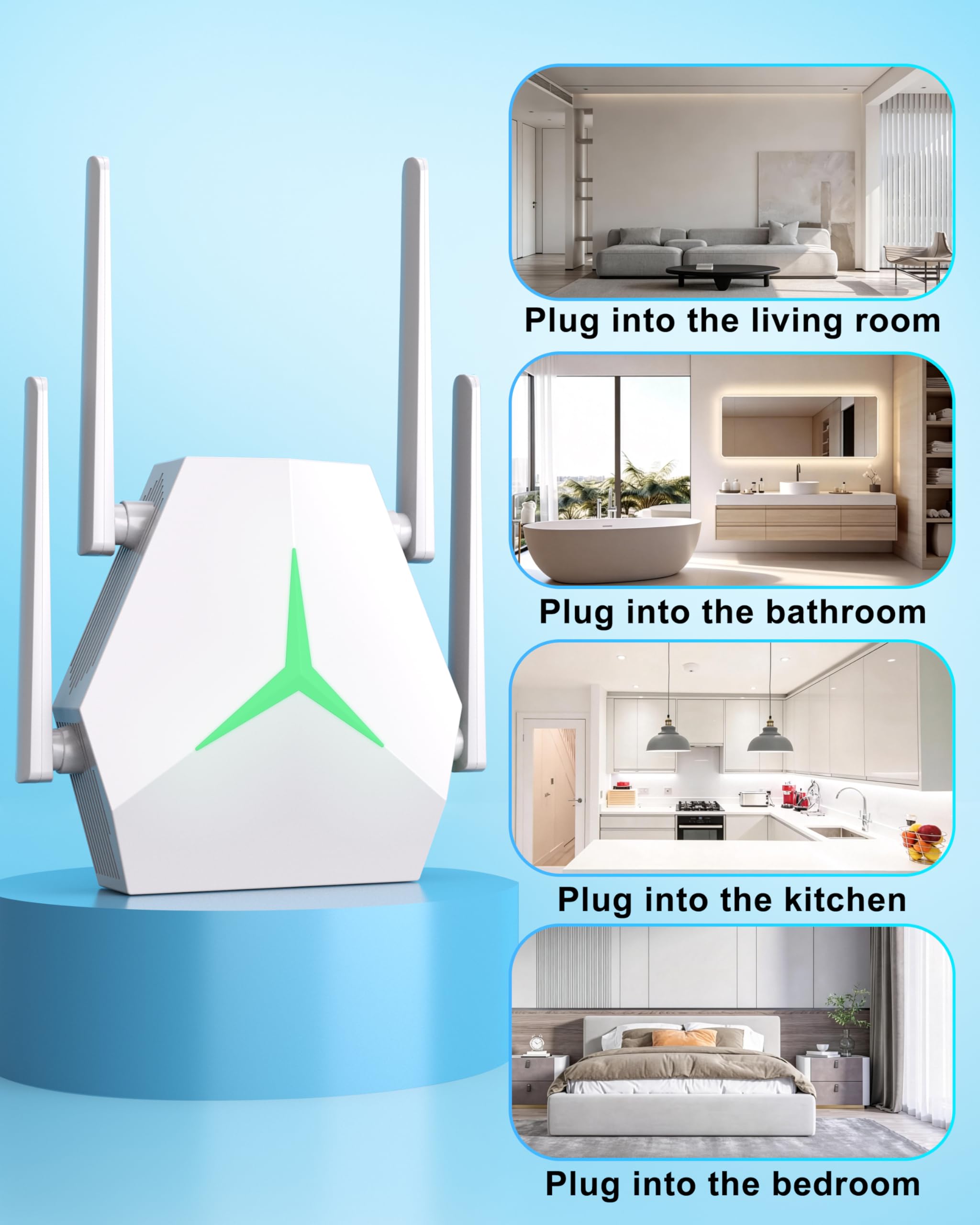Ripetitore WiFi 1200 Mbps, Amplificatore con LED Disattivabile | Luce LED notturna disattivabile senza disturbi; 4 antenne e modalità Ripetitore/Router/AP per una copertura flessibile