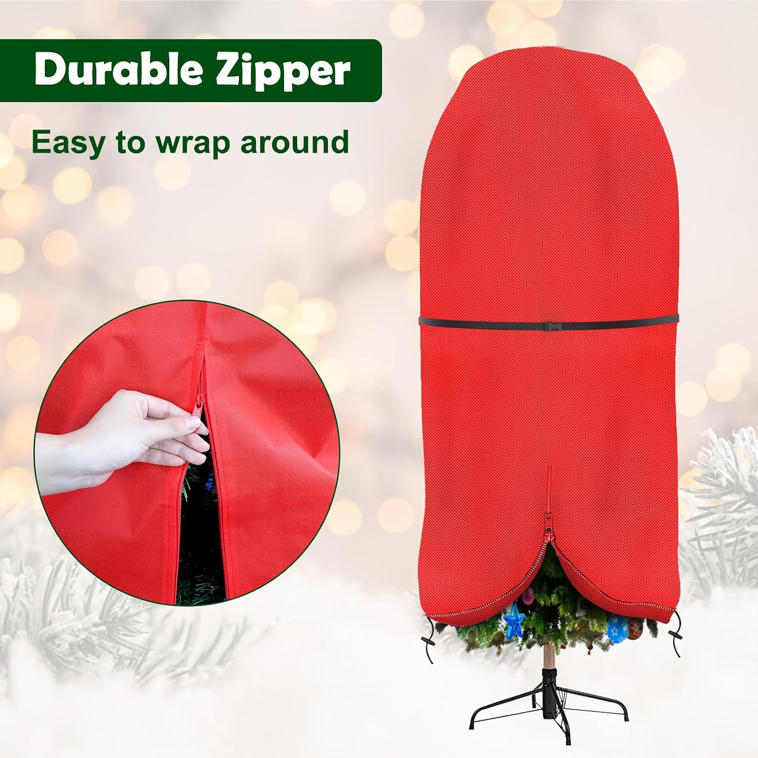 Upright Christmas Tree Storage Bag with Adjustable Straps, Xmas Tree Cover with Zipper & Drawstring for up to 9 Foot Artificial Tree Standing with Ornaments, Dustproof - Red
