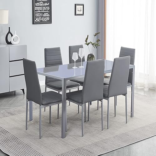 Juego de mesa y silla de comedor de 7 piezas, juego de mesa de comedor para 6 mesas de cocina con 6 sillas, mesa rectangular de vidrio con 6 sillas