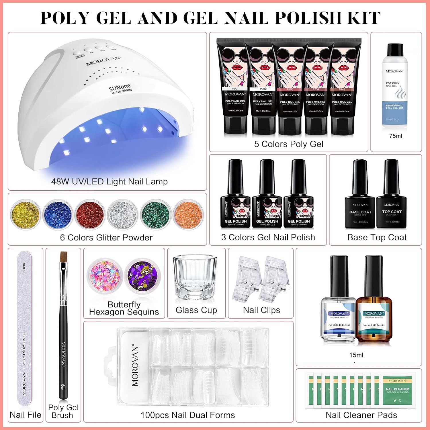 Morovan Poly Gel Nail Kit with 48W LED Nail Lamp 8pcs with Glitter Slip Solution Nail Prep Dehydrator and Primer Nail Extension Gel for Nails Nail Art Supplies Kits with Everything (White Brown Glitters with Polishes)