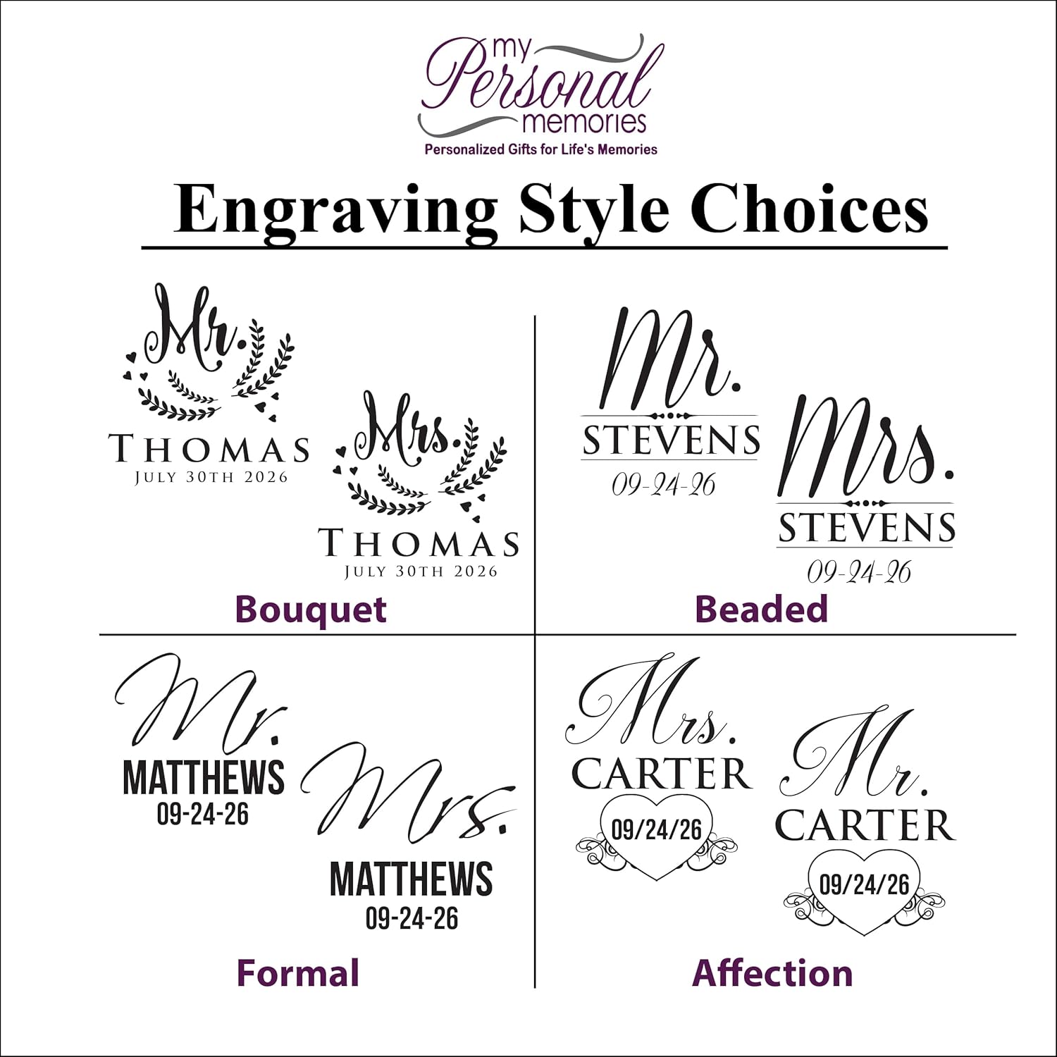My Personal Memories Mr and Mrs Beer Mug Glasses - Customized Engraved Wedding for Couples - Custom Monogrammed - Set of 2