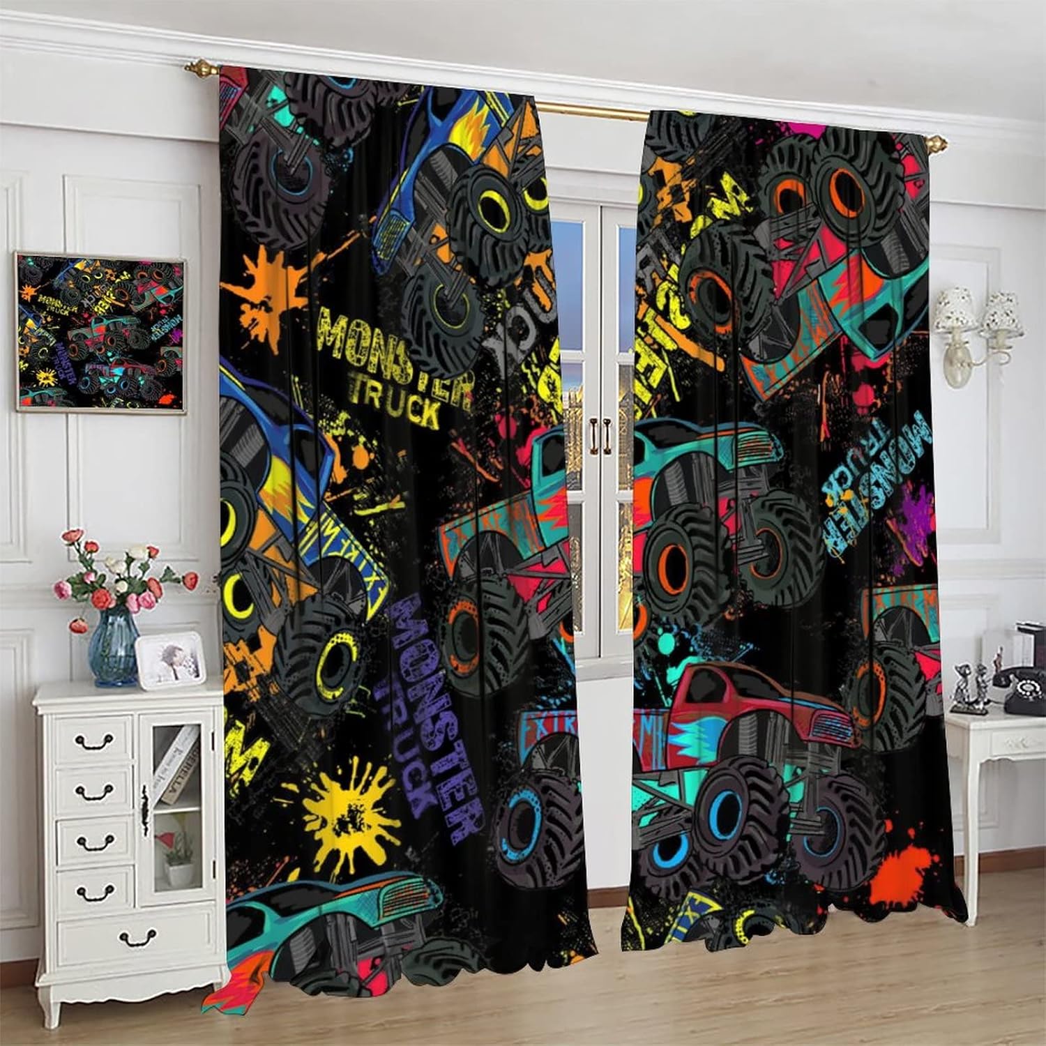 Cool Monster Truck Blackout Curtains for Bedroom Colorful Cartoon Paint Style Monster Trucks Doodle Window Curtains Rod Pocket 2 Panels 63L x 21W