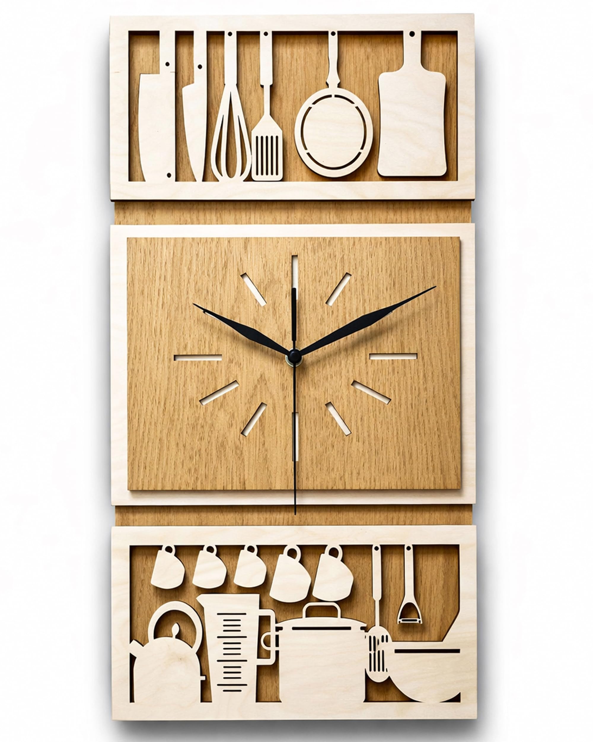 Horloge murale cuisine triptyque artisanal en bois design haut de gamme