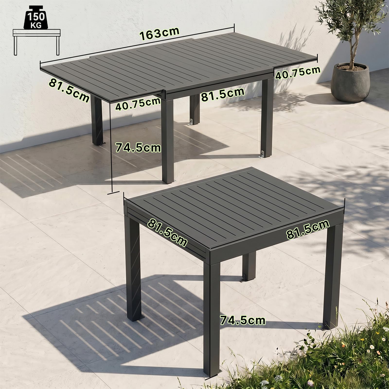 TRIUMPHKEY Gartentisch Ausziehbar, Gartentisch Wetterfest mit Aluminium, 80/160 x 75cm Esstisch Ausziehbar für 4-6 Personen, Geeignet als Gartentisch Partytisch Balkontisch, Dunkelgrau