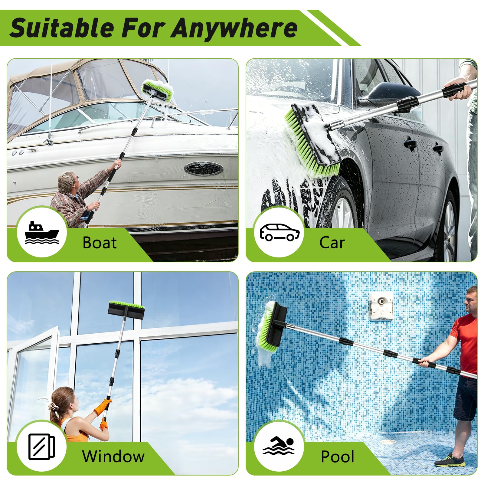 Cepillo extensible de lavado de coche alimentado por agua, mango largo, kit de limpieza de coche de 12 piezas con cepillo de cerdas suaves, fregona y guante de microfibra, limpiador de ventanas