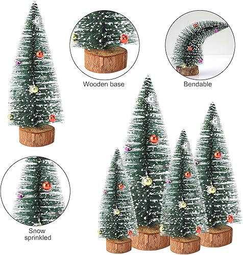 Miniatura 8 de 3 mini árboles de Navidad artificiales de sisal esmerilado de 11.8 pulgadas, árboles de cepillo para botellas con bases de madera y bolas de