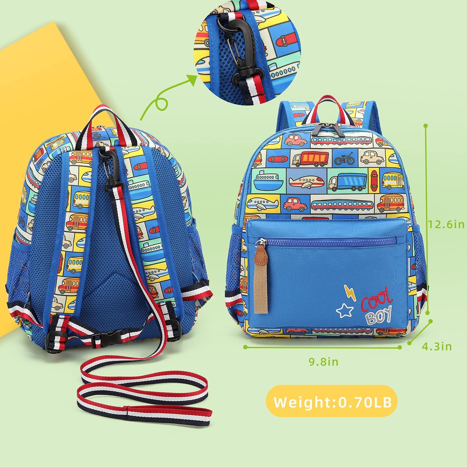 willikiva Cartoon Bus 12 Kindergarten Backpack for Kids Girls and Boys,Waterproof Preschool Toddler Backpack Wiht Leash and Safety Harness (Car) - Image 2