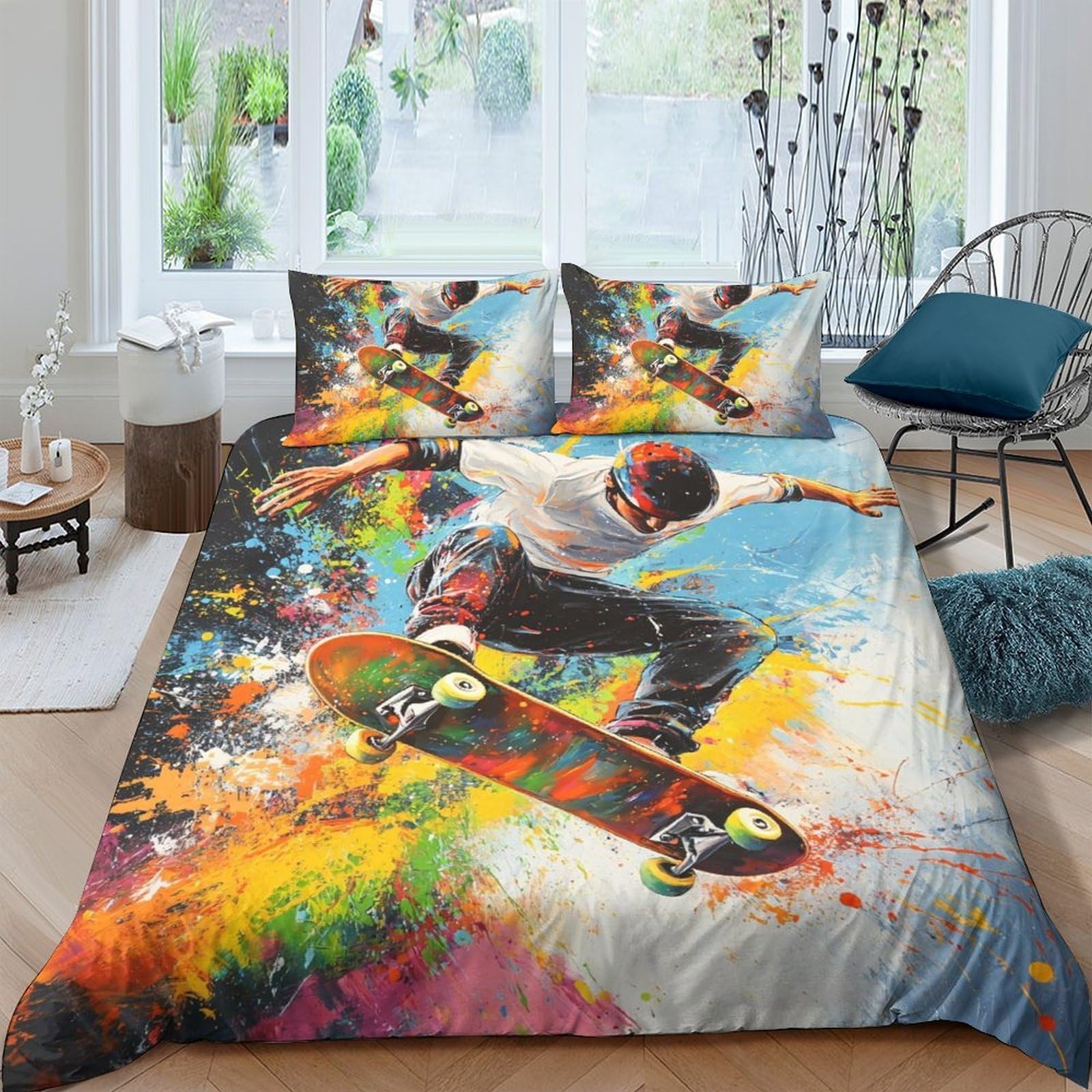 Ctjqhvkz Style-5 3D Printed Skateboard Street Art Fitted Sheet Microfiber Soft Vibrant Graffiti Bed Cover For Bedroom Decor Single（135X200cm）