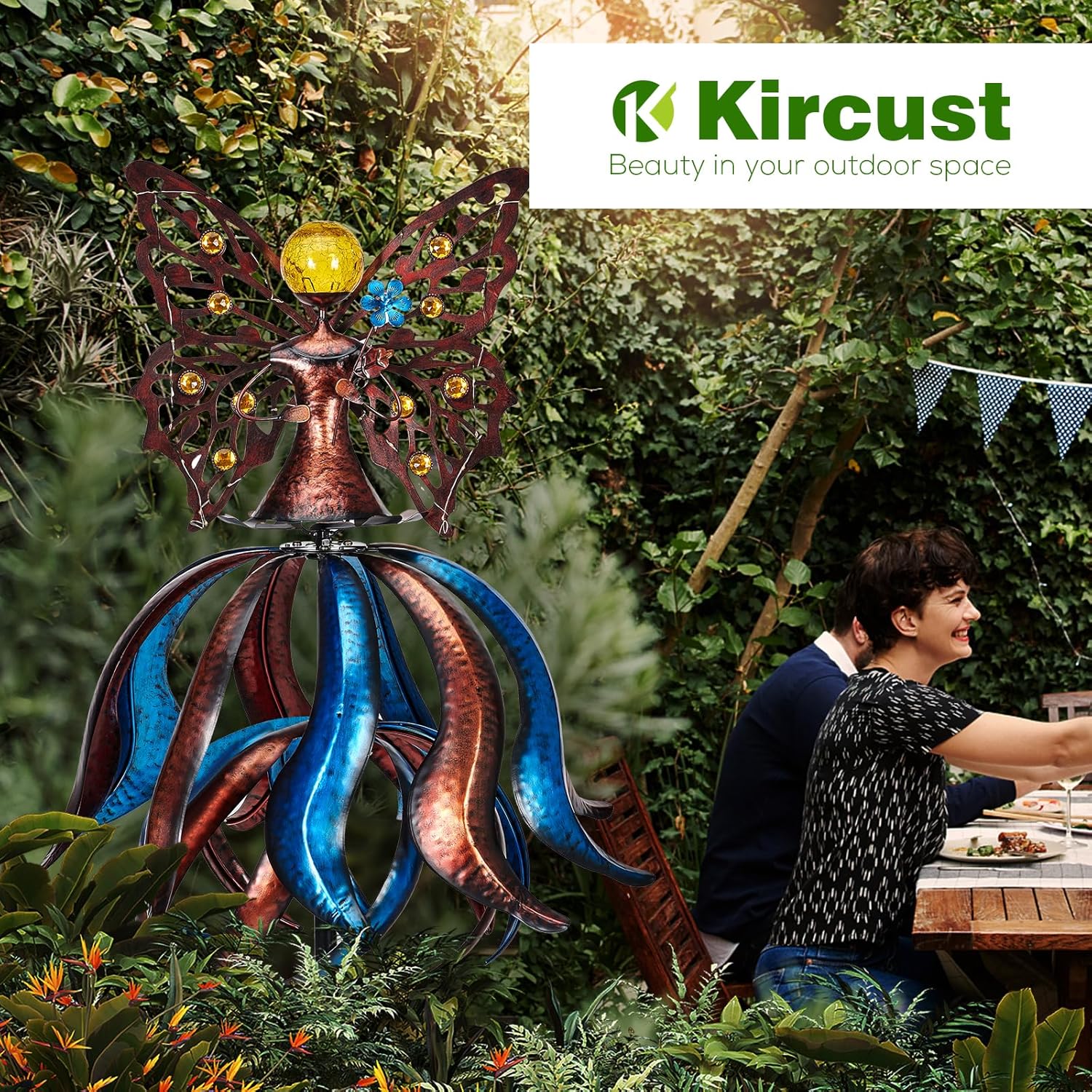 Kircust Solar Wind Spinner, Extra-Large Tulip Garden Windmill Spinners with LED Lighting Solar Powered Glass Ball, Kinetic Metal Sculpture for Outdoor Yard Lawn Patio Decorations