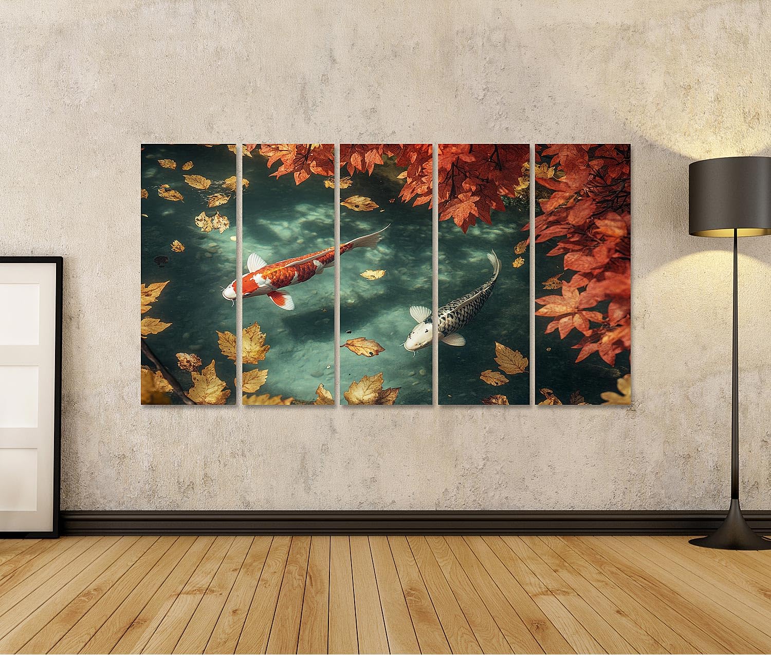 islandburner Primer cuadro sobre lienzo peces koi en un estanque de otoño con hojas caídas imágenes murales carteles