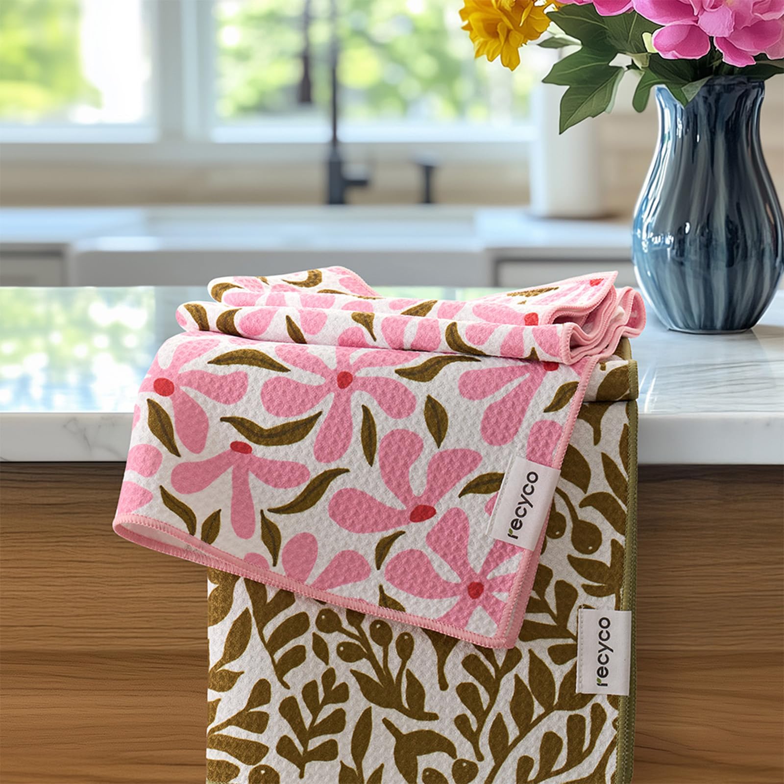RECYCO Waffle Kitchen Towel Set of 2 - Quick Dry Microfiber Sustainable Dish Towels - Ultra Absorbent Reusable Cleaning Tea Towels - Lightweight Hand Towels,16”x 28”, Petal & Leaf