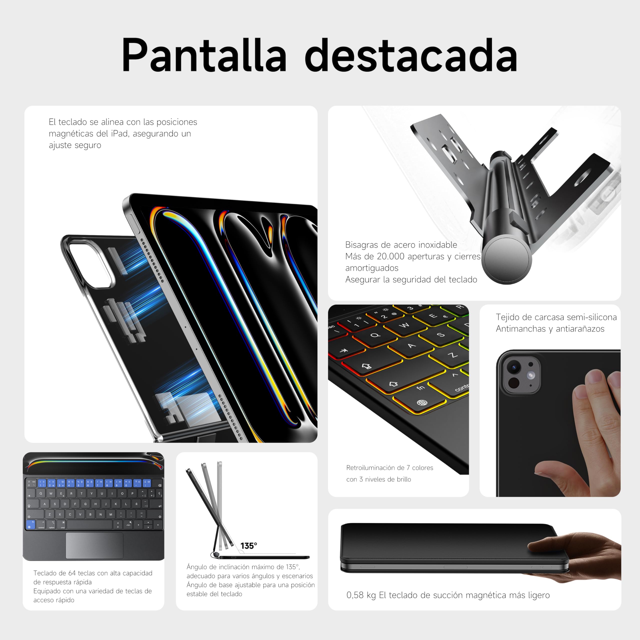HOU Teclado para iPad Pro de 11 Pulgadas (M5/M4 2025), Funda con Teclado para iPad Pro 2025 de 11” con Trackpad Multitáctil, Retroiluminación de 7 Colores, Soporte Magnético,Español, QWERTY-Negro