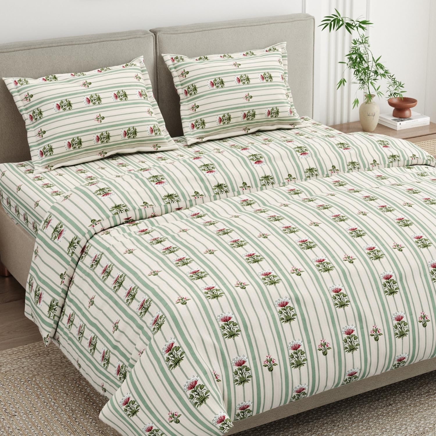 Haus & Kinder Double Bed Bedsheet for Queen Size Bed, Queen Size Bed Sheet with 2 Pillow Covers 90 Inch x 100 Inch | Premium Soft & Silky Pure Cotton 186 TC Double Bedsheet | Striped Garden-picture-39