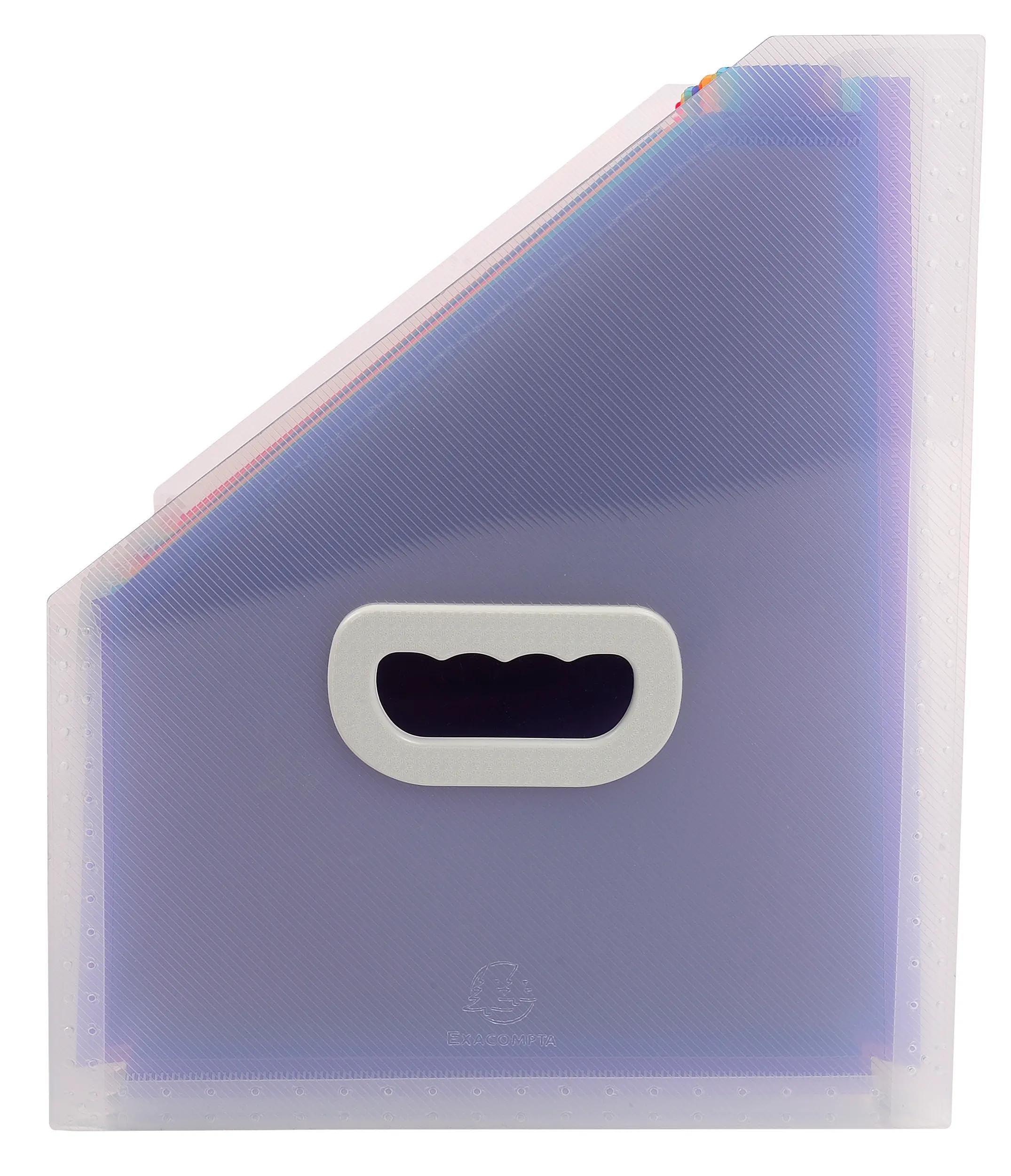 Exacompta - Réf. 55598E - Carton de 4 trieurs de bureau porte-revues Crystal - poignée rigide - en polypropylène - intérieur multicolore - 12 compartiments - dim 26,5 x32,5 cm - cristal