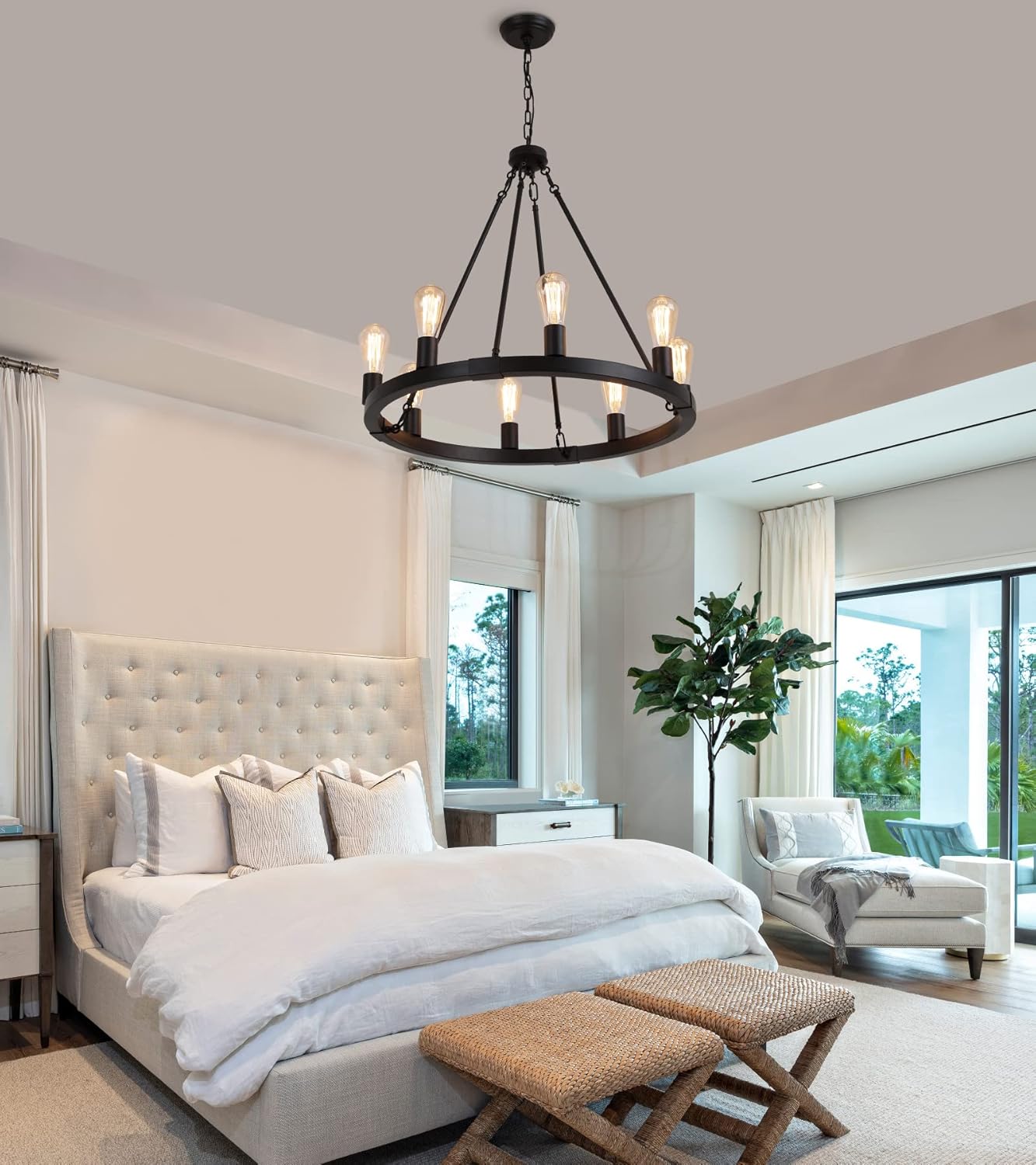 AMZASA Farmhouse 8-Lights Black Industrial Wagon Wheel Chandelier Light Fixture for Foyer Dining Room Kitchen Living Room Entryway Dia27 Inches UL Listed