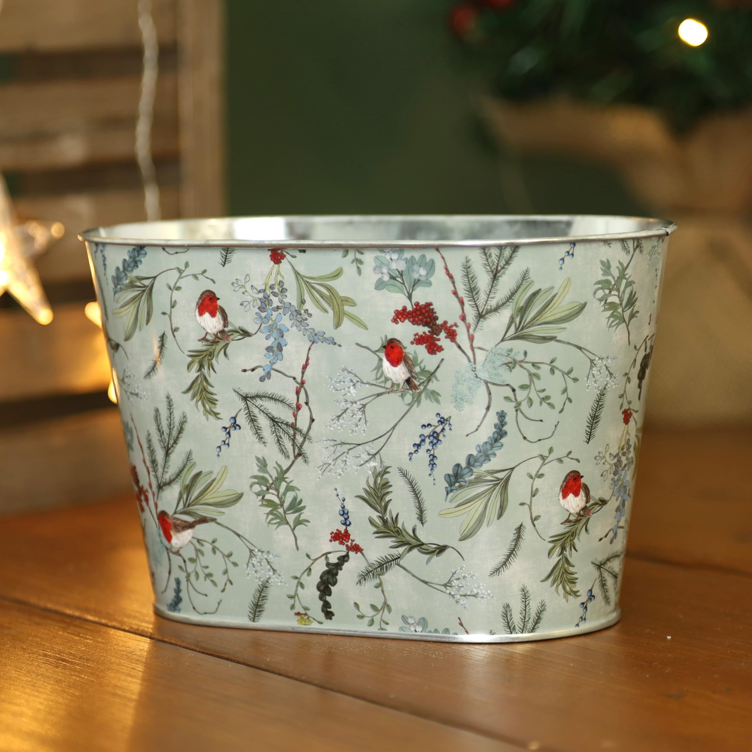 Fyne-Finds Tin Pail Trough Robin Floral Design Tub 14cm,5.5inch Christmas Metal Planter Xmas Home Gift (White 1 Piece)