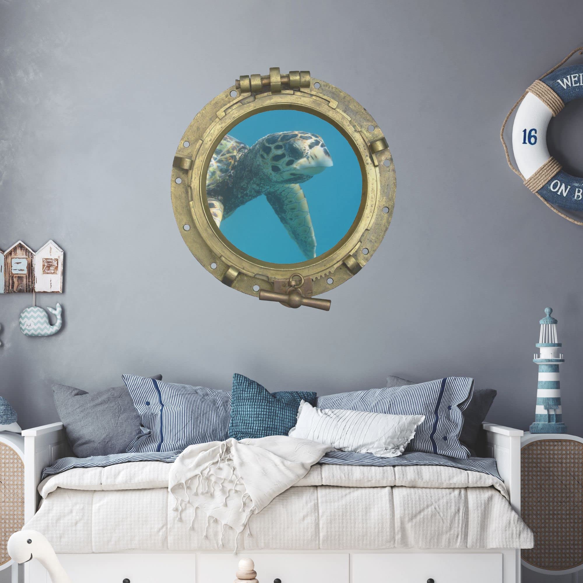 GRAZDesign Wandtattoo Badezimmer Bullauge Schildkröte, Wandsticker Fliesensticker Maritime Deko für Fliesen, Wand, Tür, Schrank, Wandaufkleber - 43x40cm