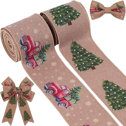 YKW 2 Rolls Vintage Christmas Ribbon Set -2.56" x 5 Yards Each - Truck with Christmas Tree Wired Edging Ribbons, Rustic Holiday Decor for Tree, Wreath,Bow,Gifts, Crafts, Home Decor
