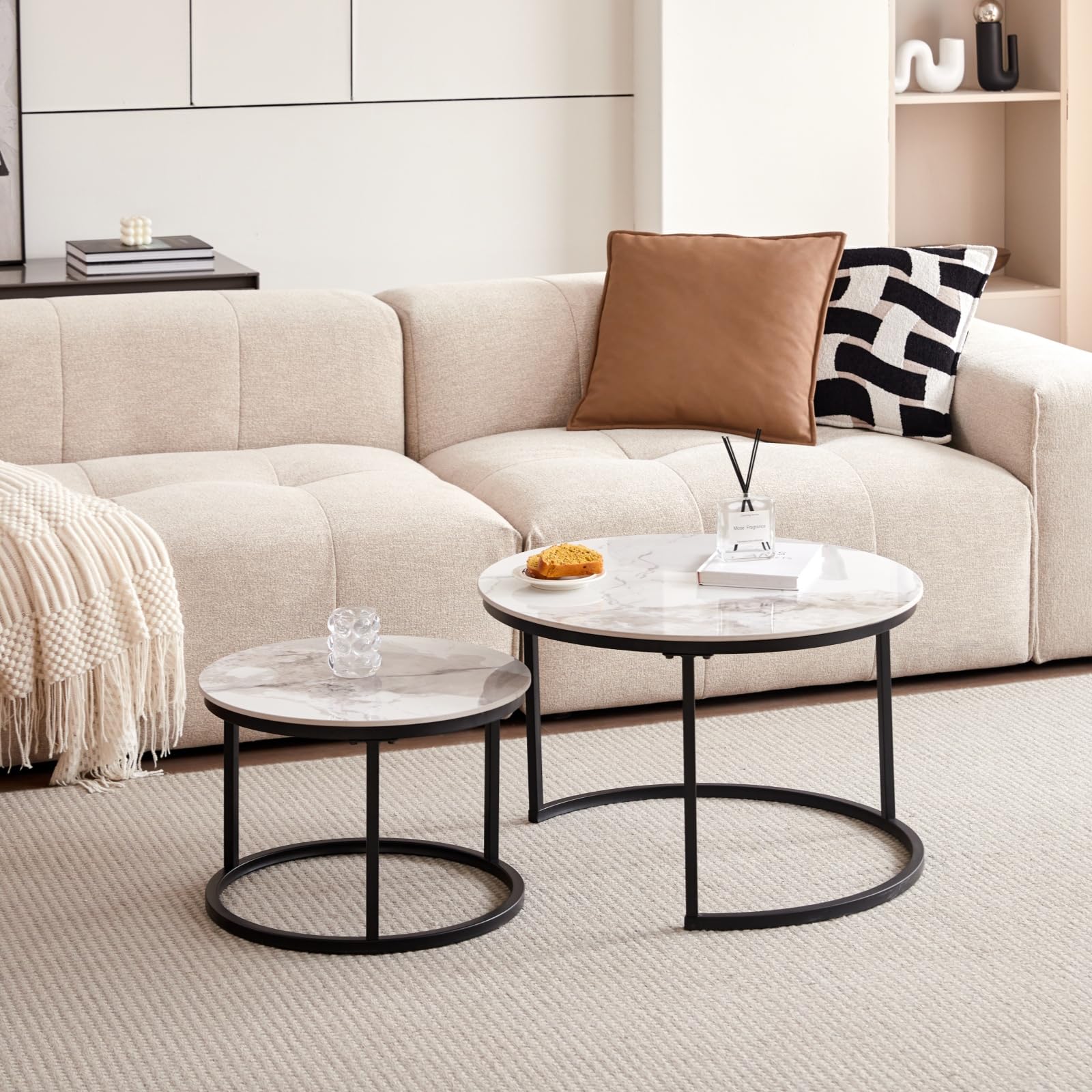 Runder Couchtisch, Beistelltisch aus Pandora-Sinterstein für das Wohnzimmer, Nordischer Couchtisch mit Metallbeinen, Geeignet für Wohnzimmer, Balkon, Schlafzimmer – Schwarzer Rahmen