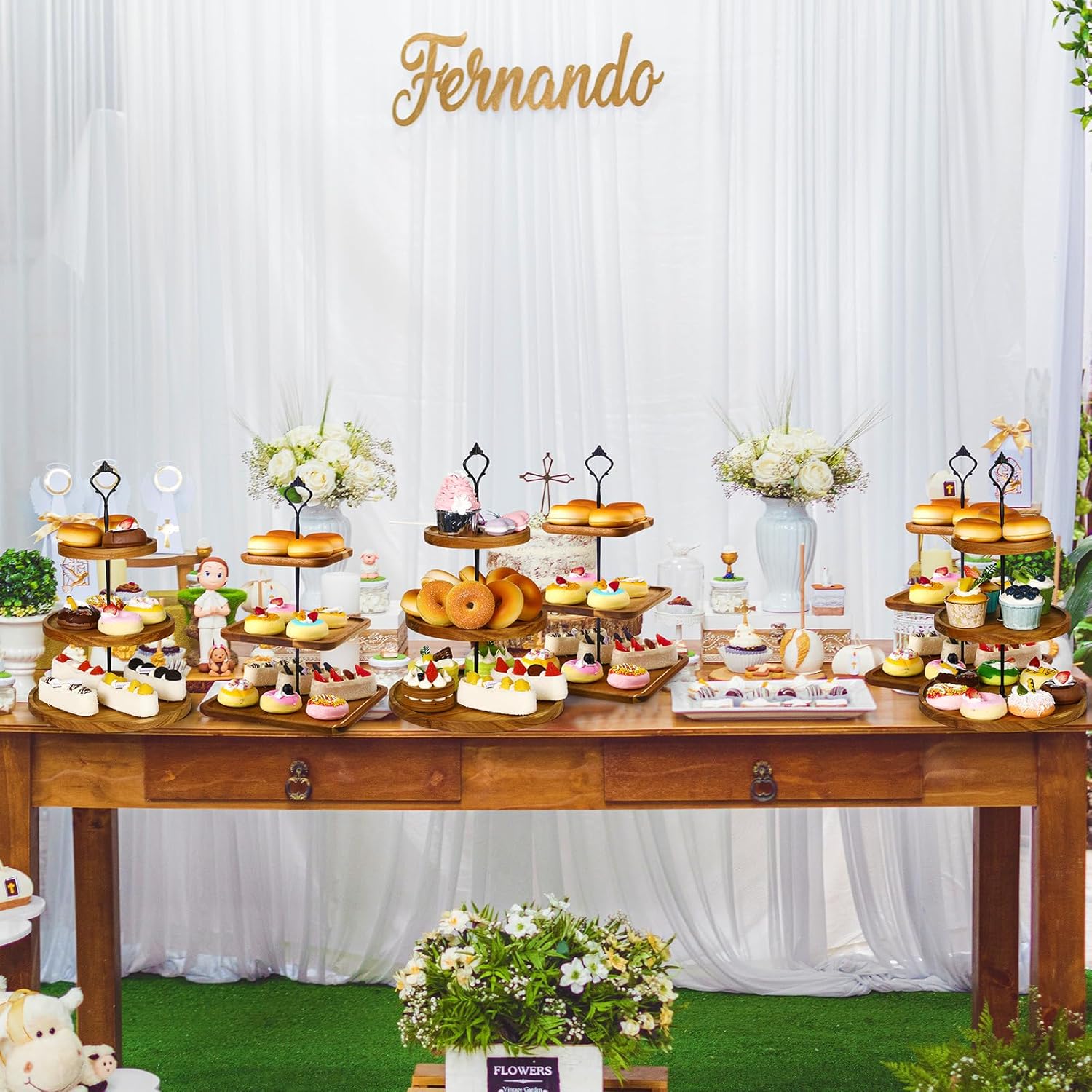 Zopeal 4 Pcs 3 Tier Serving Tray Square Wooden 3 Tiered Cake Stand Round Acacia Wood Serving Stand Rustic Cupcake Stand for Dessert Farmhouse Serving Stand Display for Wedding Tea Party - Image 7