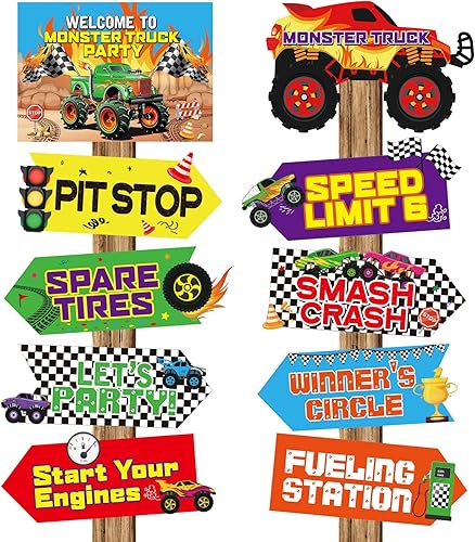 Chinco 20 letreros de fiesta de camión con temática de camión, decoraciones de cumpleaños a cuadros, coloridos recortes de cartón, telón de fondo,