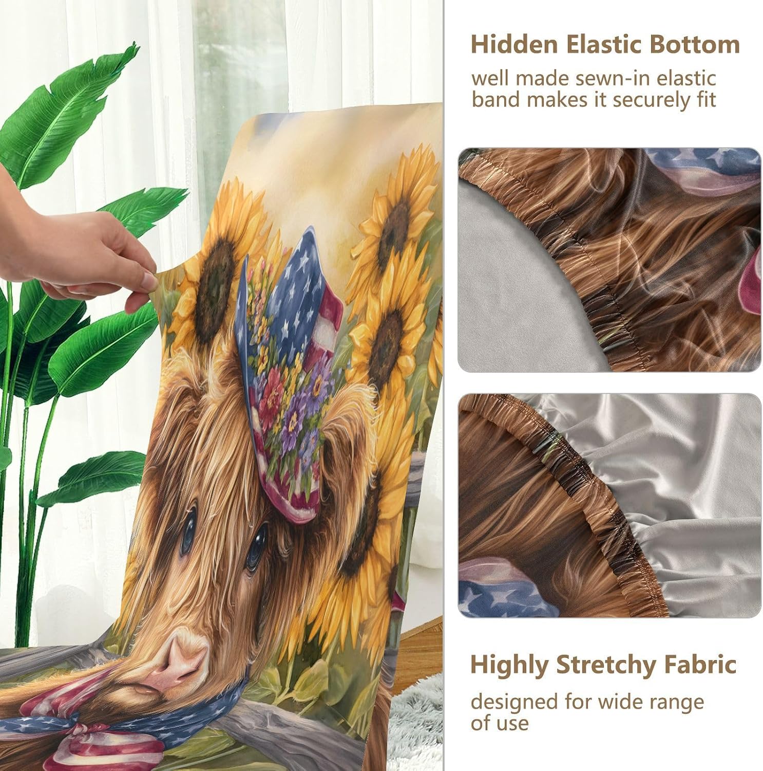 ALAZA Chair Covers for Dining Room, Highland Cattle Sunflowers Wooden Fence Stretch Chair Cover Sets Chair Protector Removable Washable for Ktichen Restaurant Hotel