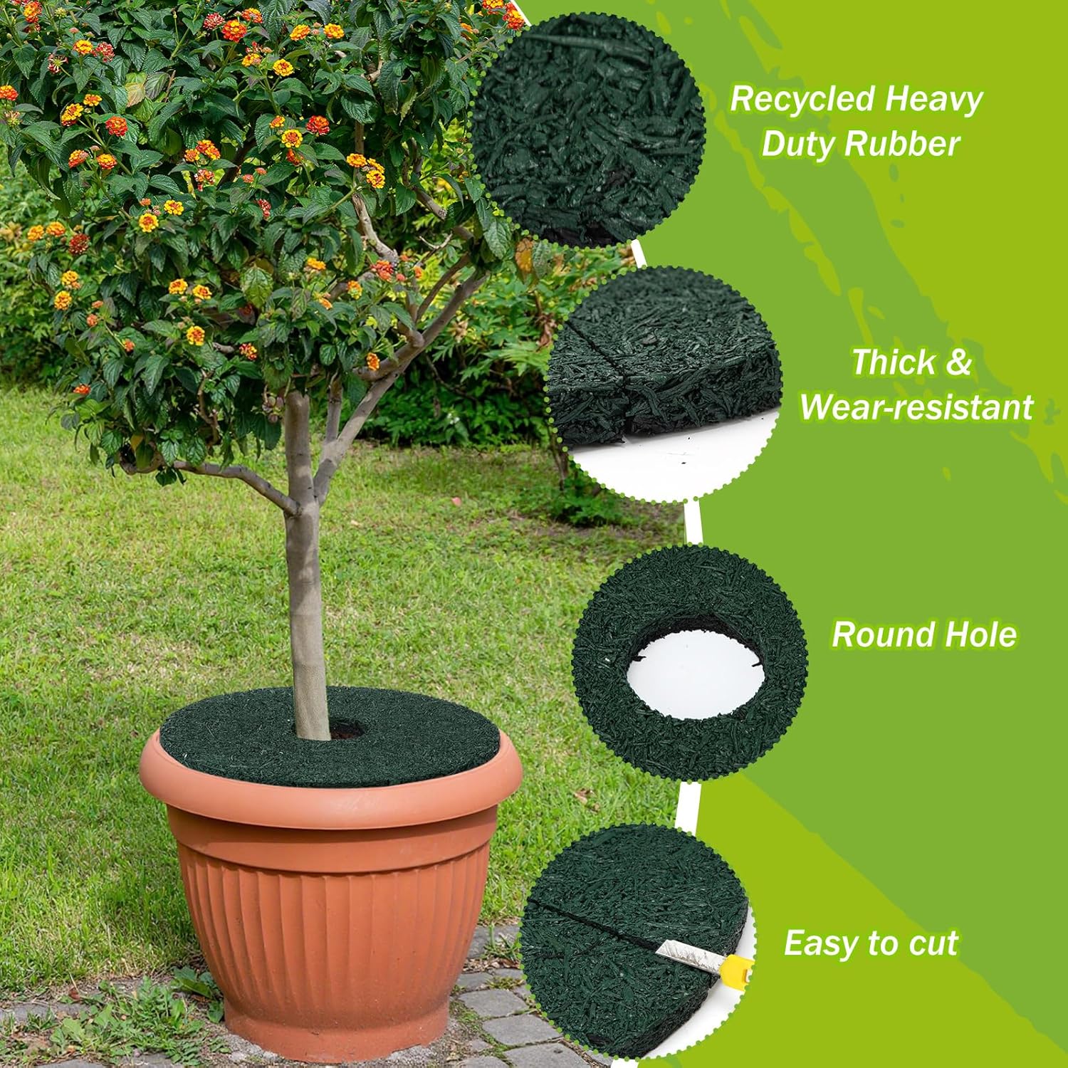 Peryiter 8 Pcs Double Side Rubber Mulch Tree Ring, Heavy Duty Rubber Mulch Mat, Tree Root Protector Mat Reversible Round Root Ring Weed Barrier for Prevent Animal Dig (Green)