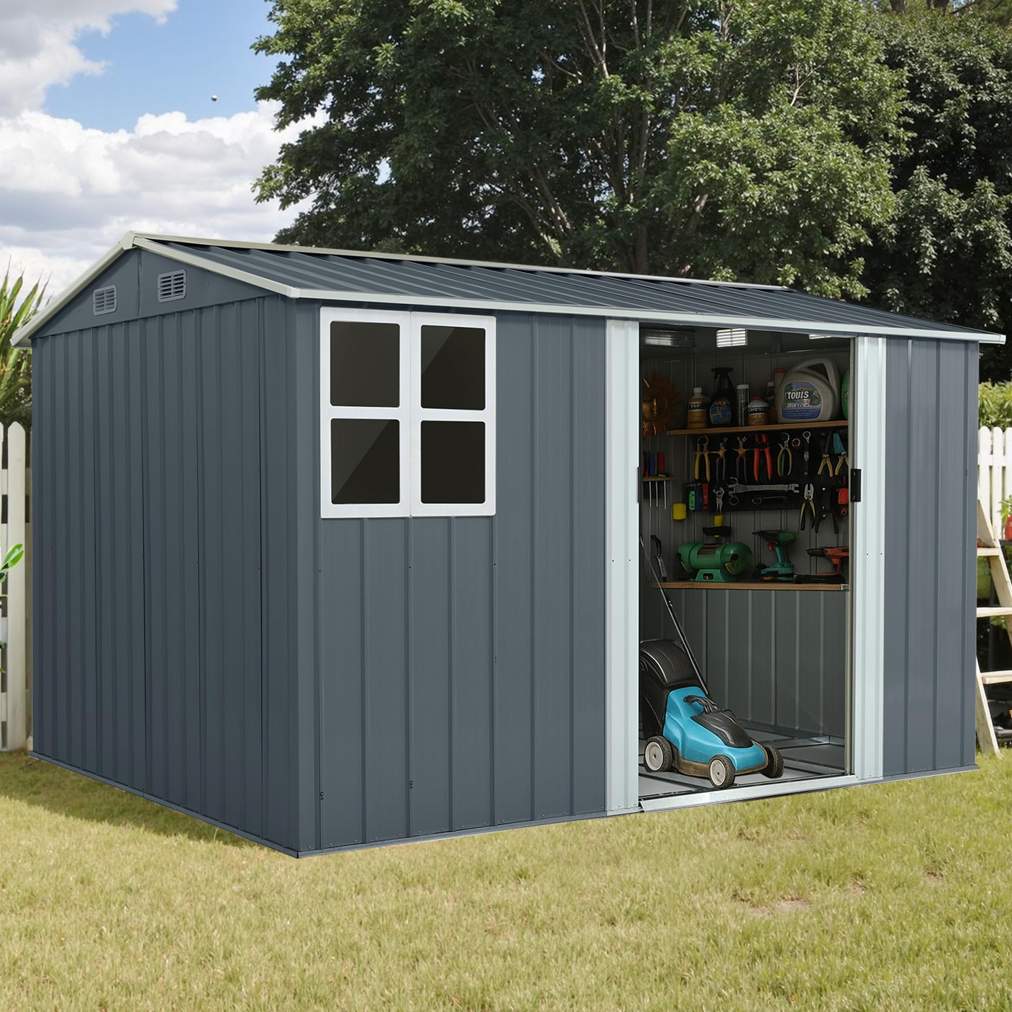 Amazon | 物置 屋外 スチール 大型倉庫 床材補強フレーム付き 戸外収納