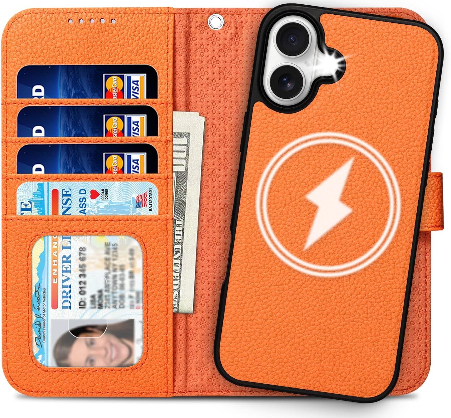 Premium Wallet Case for iPhone 16, Detachable 2 in 1 Leather Folio Flip Case with 4 Card Holder, RFID Blocking, Support MagSafe, Microfiber Lining, Slim Lightweight, for Women/Men (Blaze Orange)