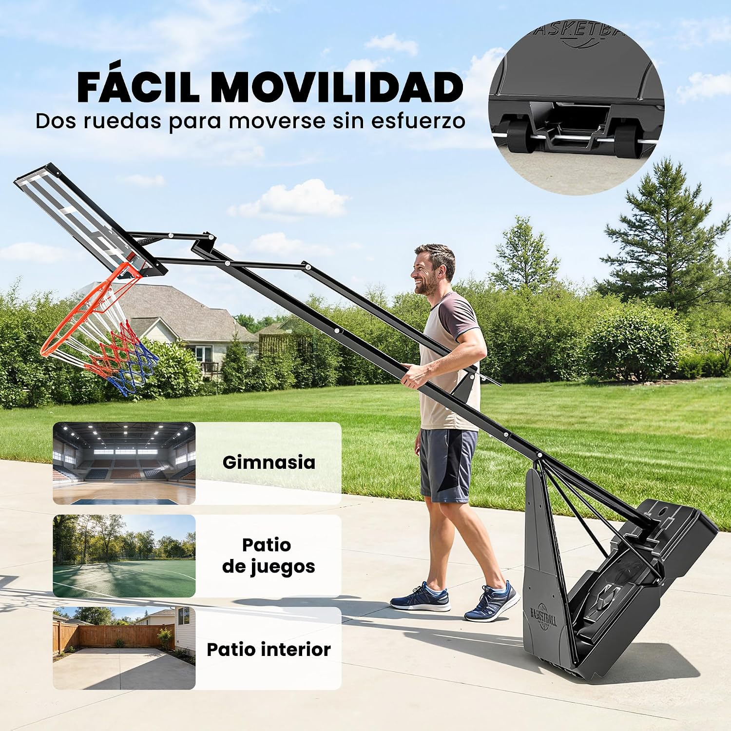 Man tilting the basketball hoop to move it using its integrated wheels