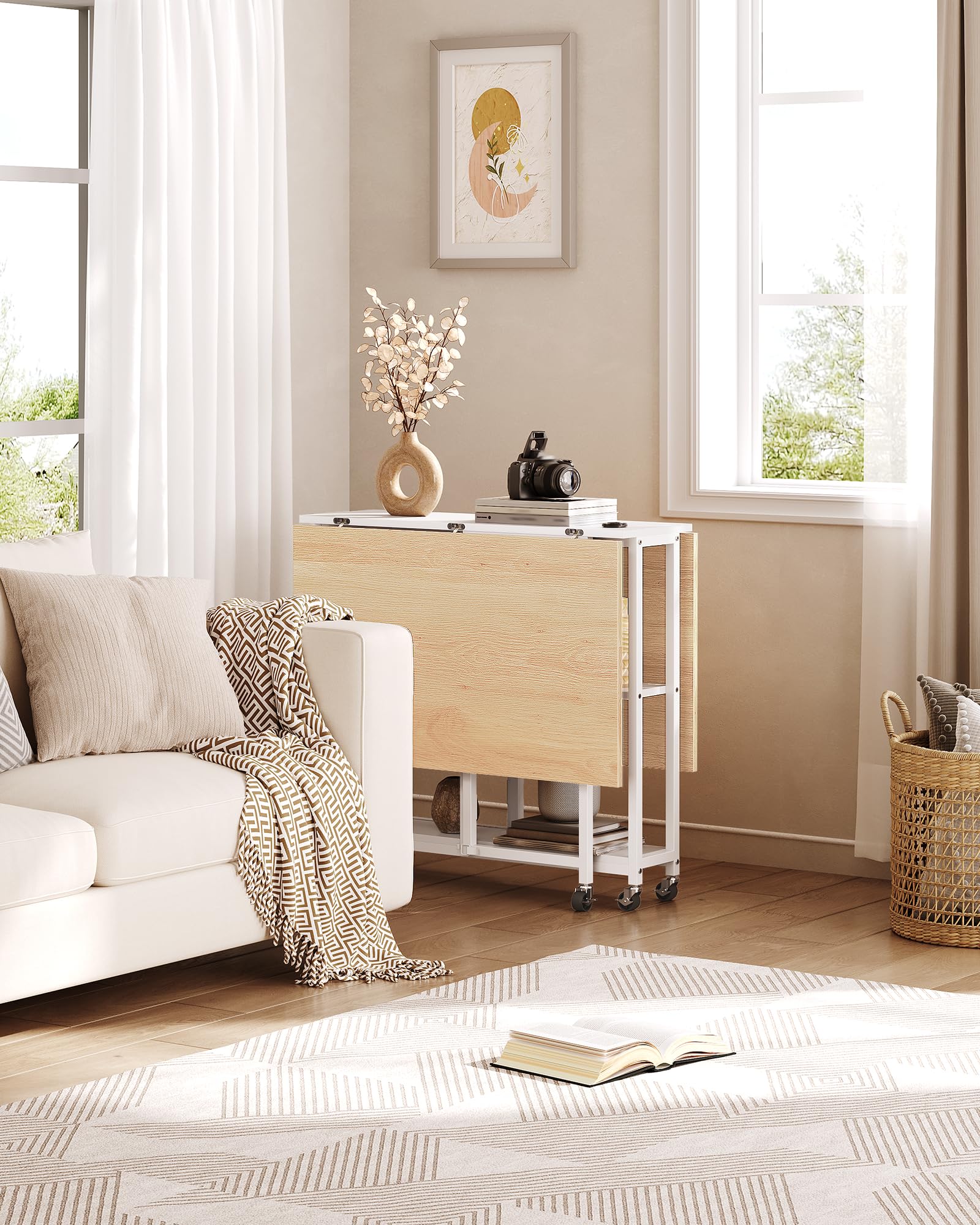 CHOEZON Table Rabattable et Mobile, Table Cuisine Petit Espace Extensible et Pliable, 6 Roues Freinées, 2 Étagères, pour Salle à Manger, Salon, Bureau, Appartement, Blanc et Couleur Bois DTCZ01WN