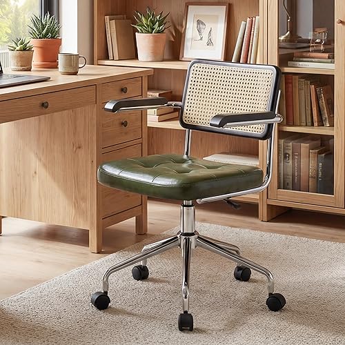 Miniatura 7 de Zesthouse Silla moderna de oficina en casa, silla de escritorio de cuero con respaldo de ratán, silla de tocador para niñas y mujeres, sillón